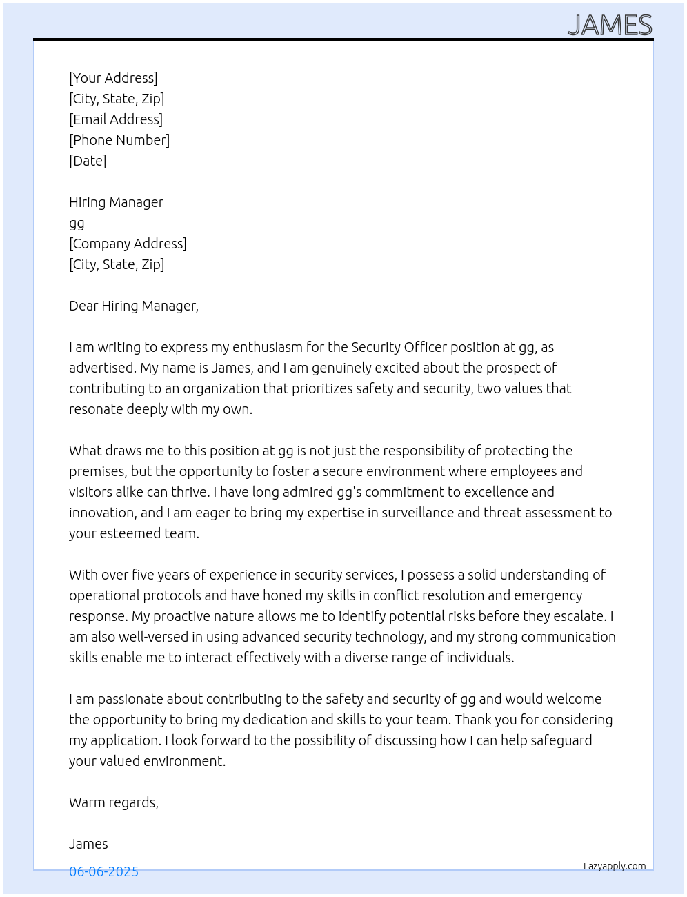 security officer At gg Cover Letter