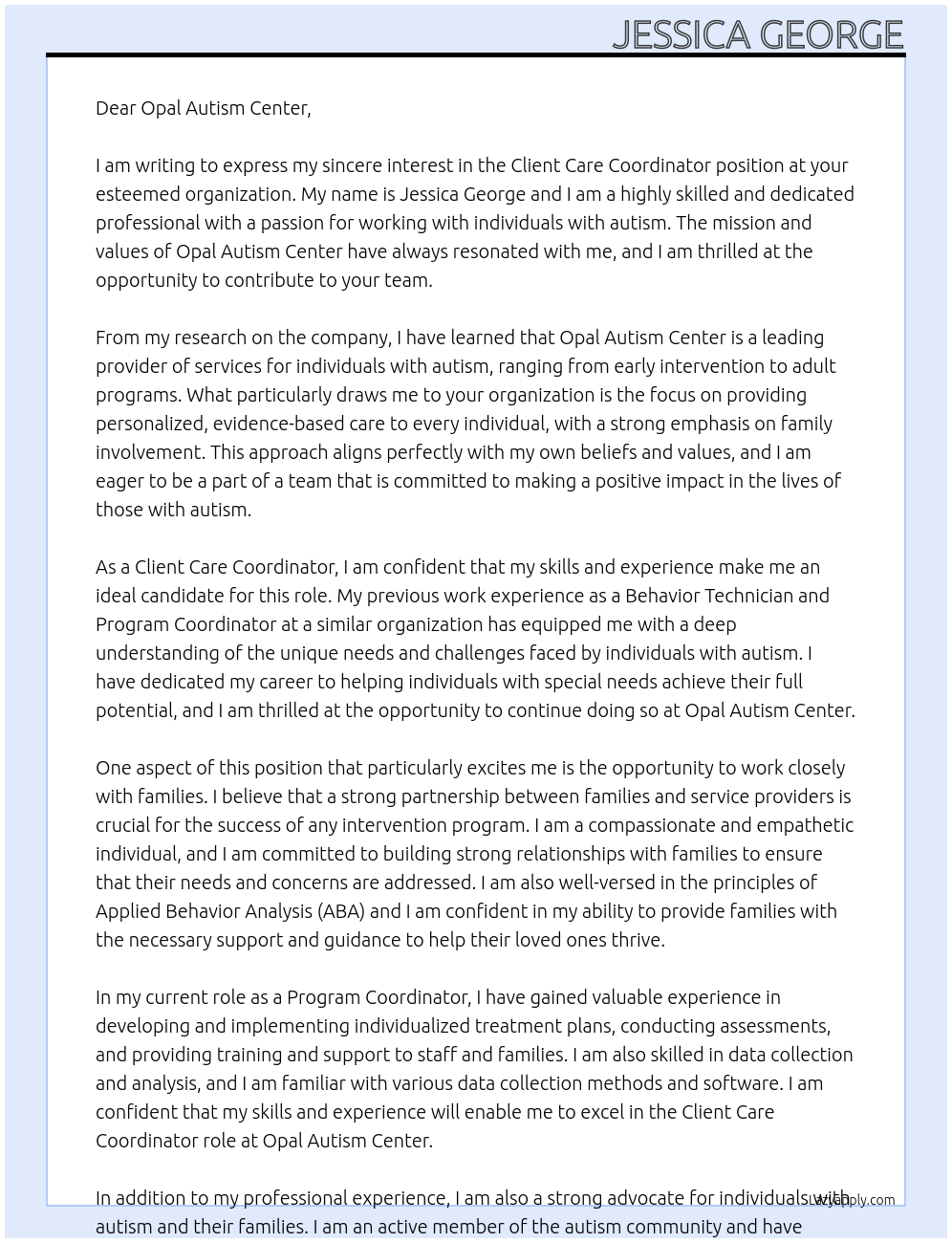 Client Care Coordinator At Opal Autism Center Cover Letter