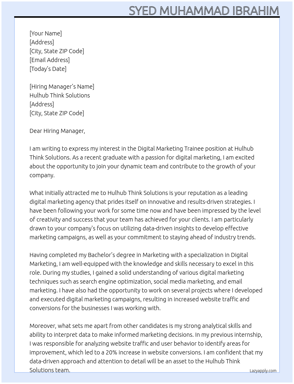 Digital marketing trainee At hulhub think solutions Cover Letter