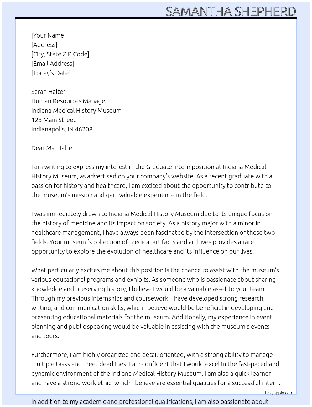 Graduate Intern At Indiana Medical History Museum Cover Letter