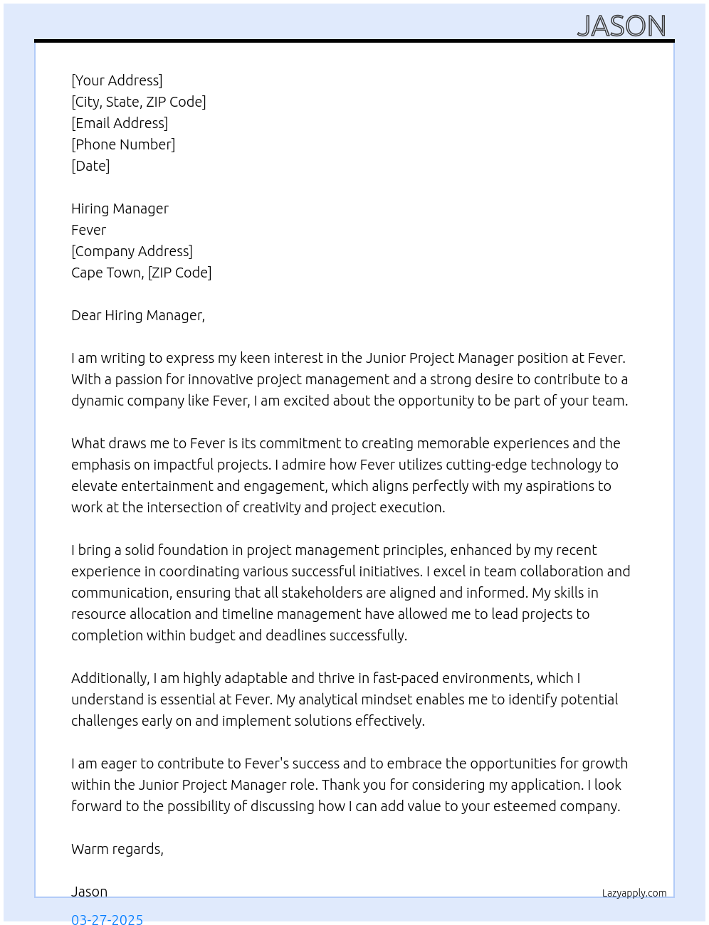 Junior project manager At Fever Cover Letter