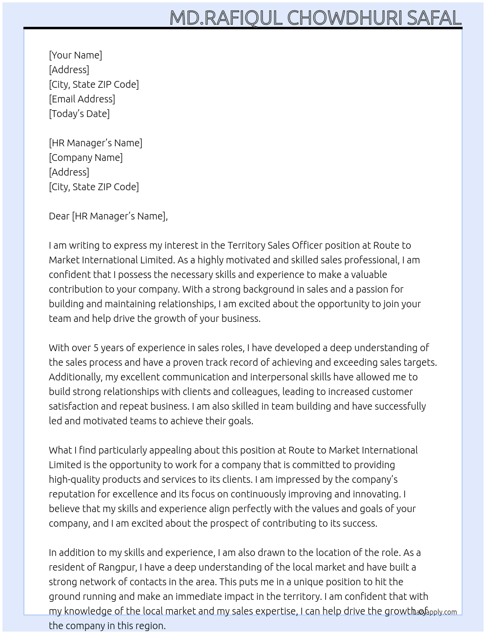 Territory Sales Officer At Route to market International Limited Cover Letter