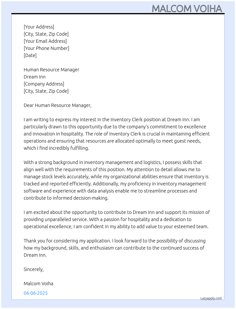 Inventory clerk At Dream inn Cover Letter
