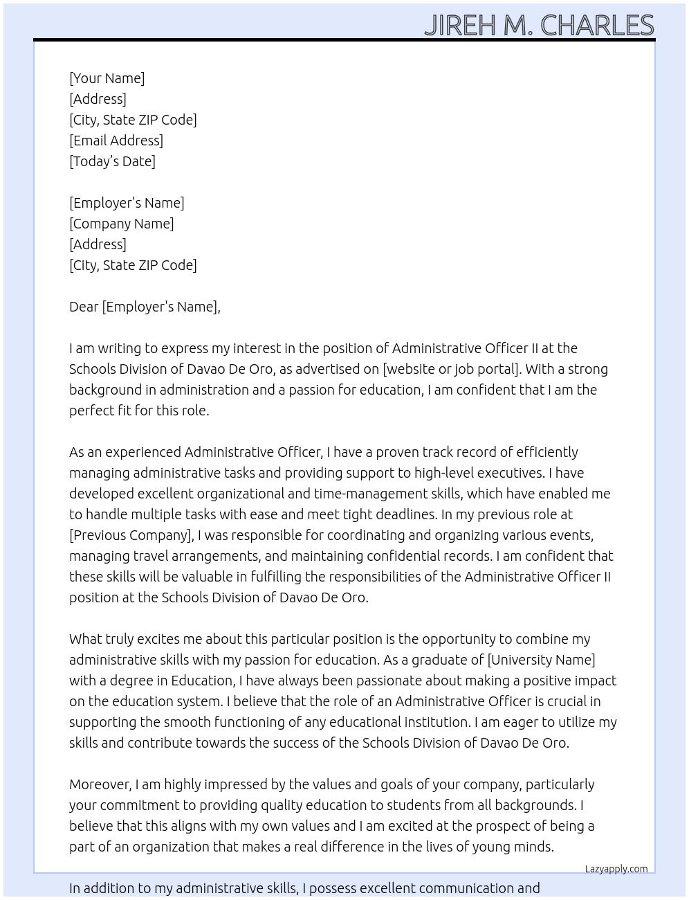 ADMINISTRATIVE OFFICER II At Schools Division of Davao De Oror Cover Letter