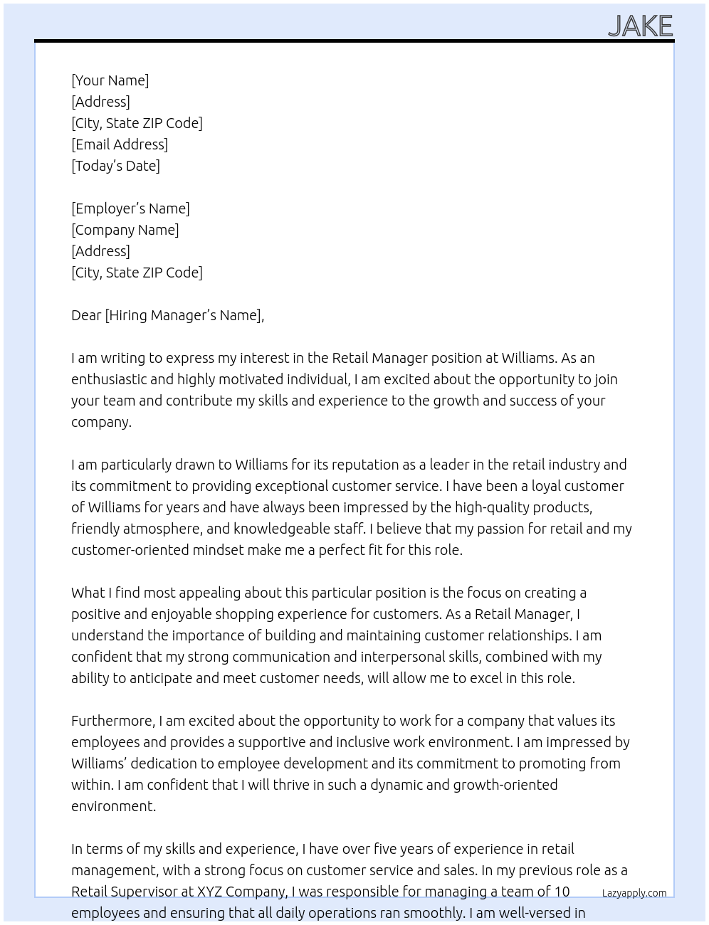 Retail Manager At Williams Cover Letter