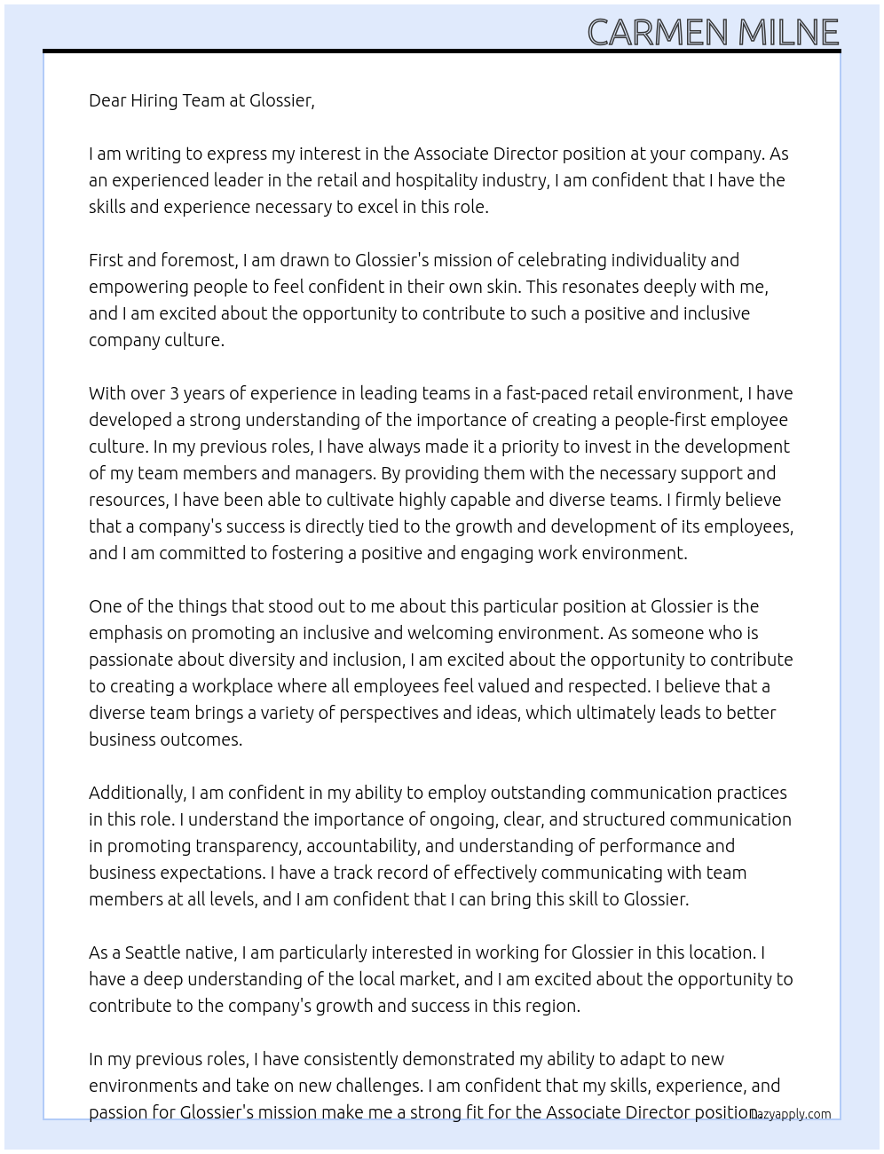 Associate Director At Glossier Cover Letter