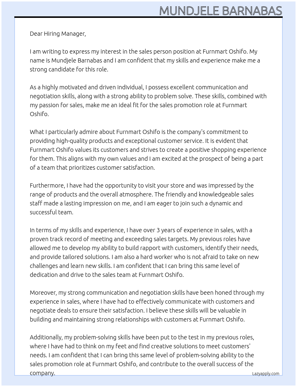 sales person At Furnmart Oshifo Cover Letter