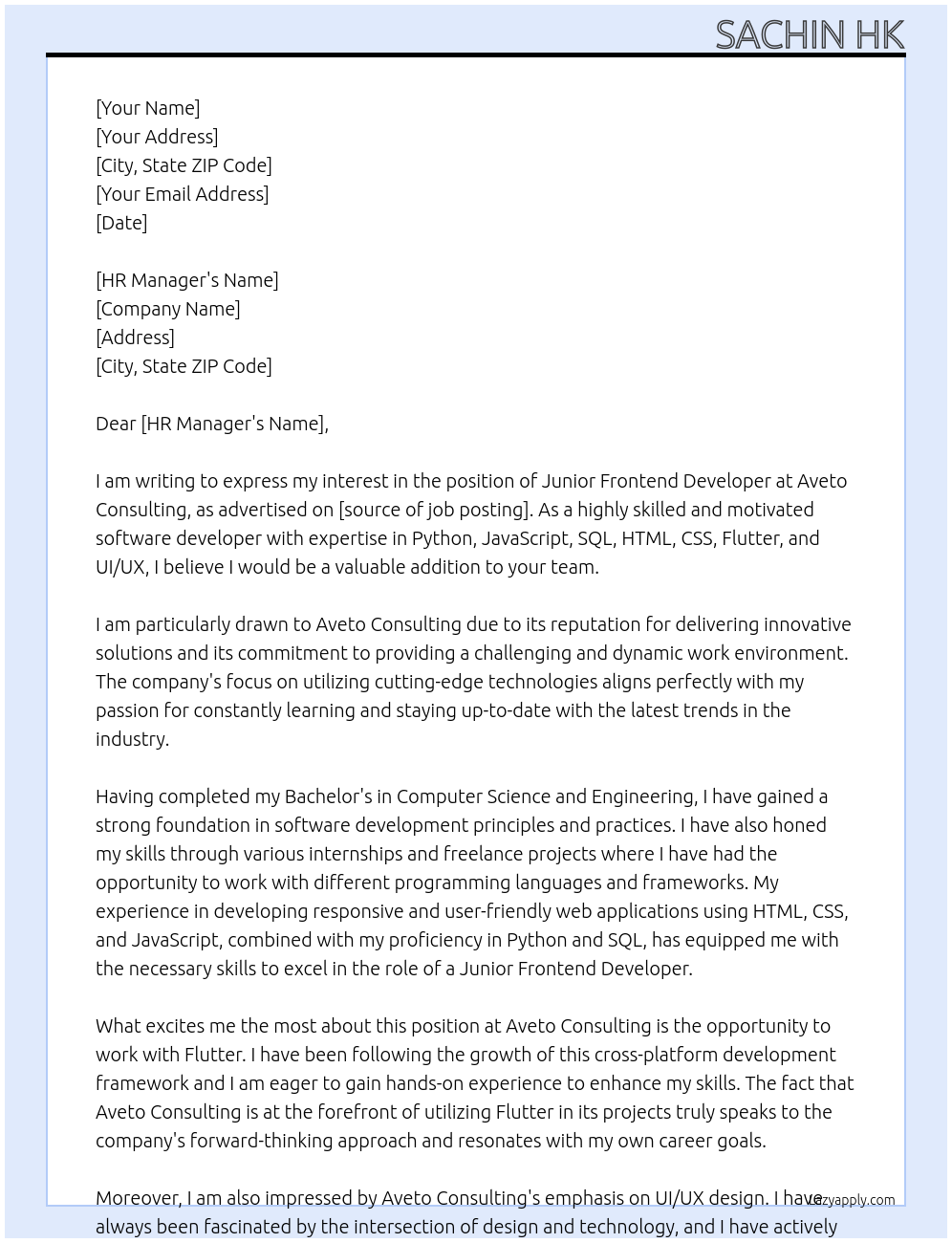 Junior Frontend Developer At Aveto Consulting Cover Letter