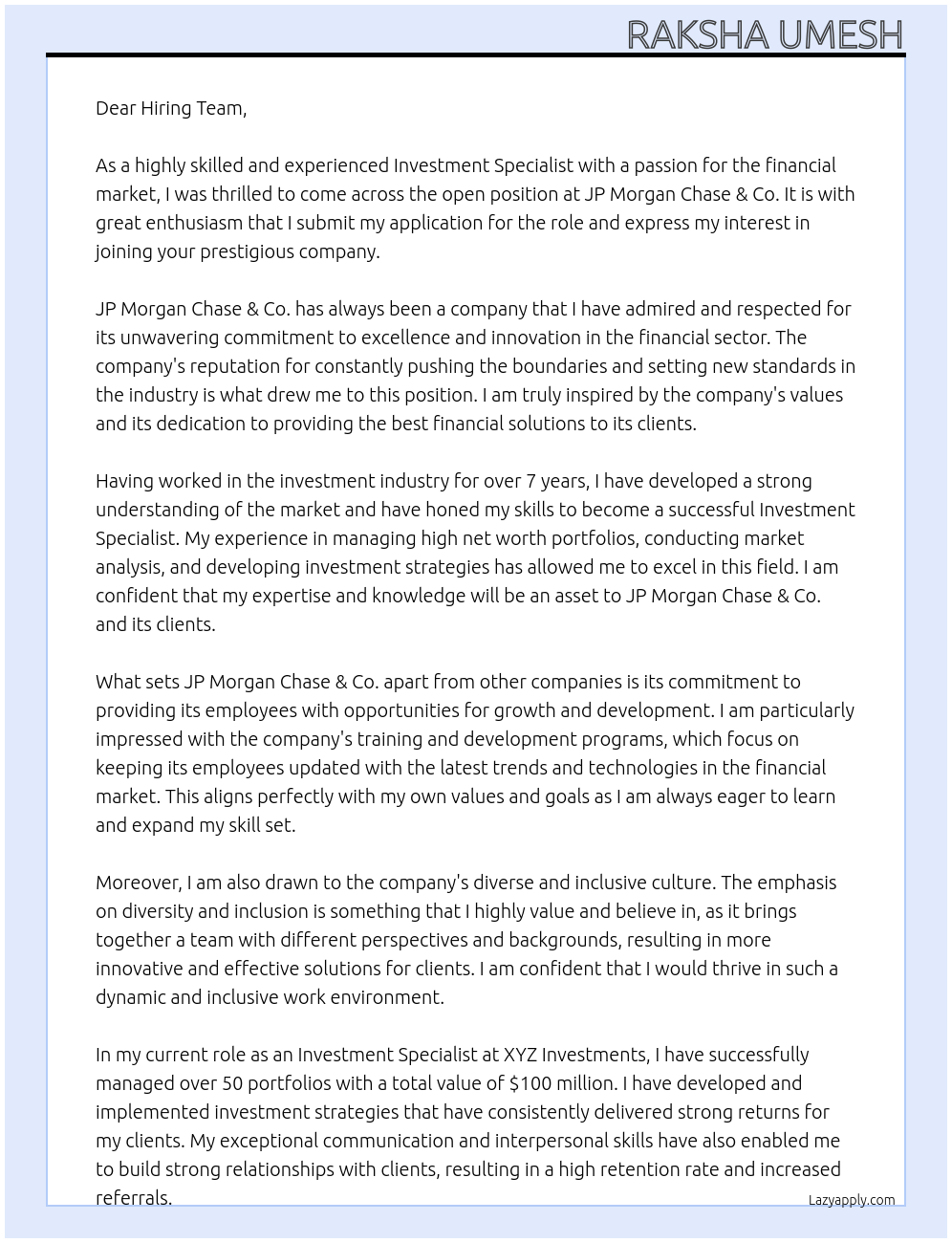 Investment Specialist At JP Morgan Chase & Co. Cover Letter