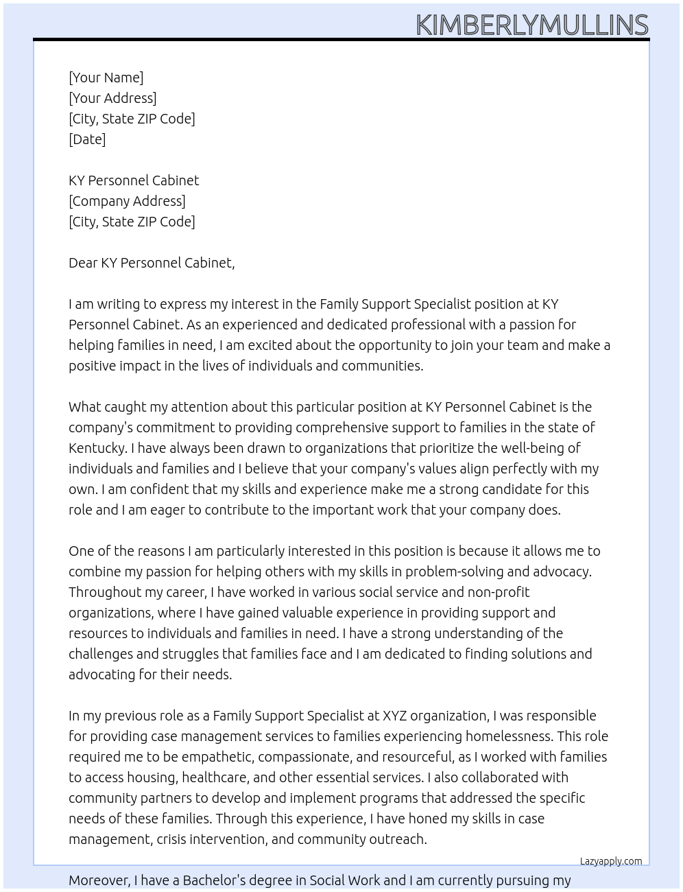 FAMILY SUPPORT SPECIALIST At KY PERSONNEL CABINET Cover Letter