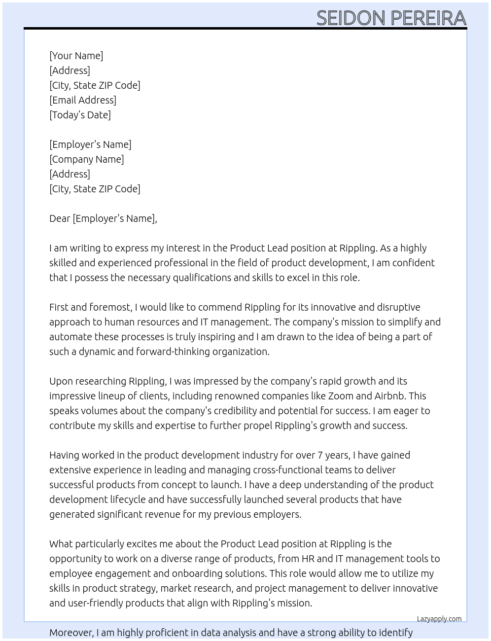 Product Lead At Rippling Cover Letter