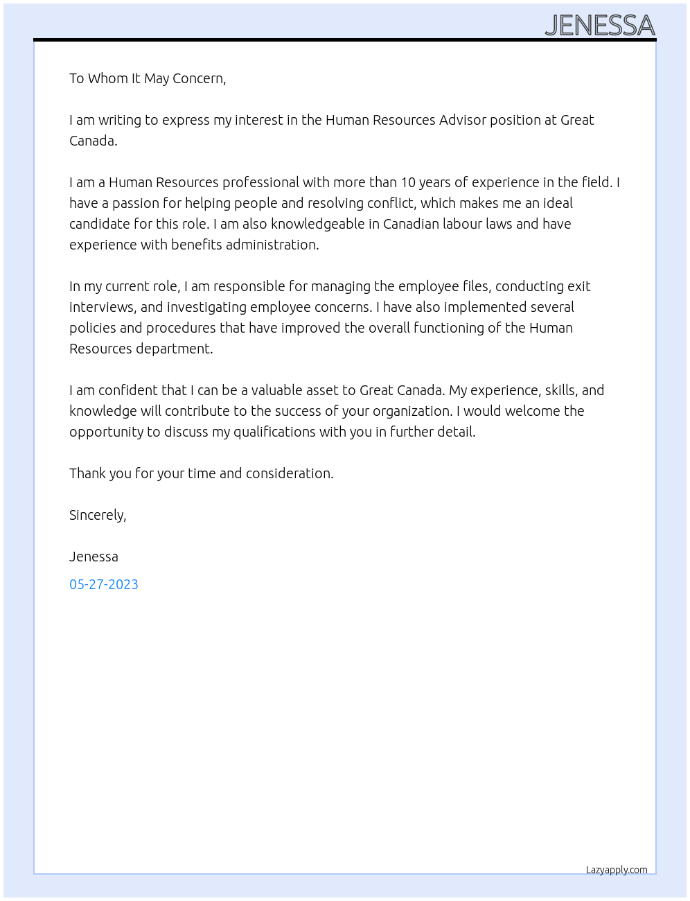 Human Resources Advisor At Great Canada Cover Letter