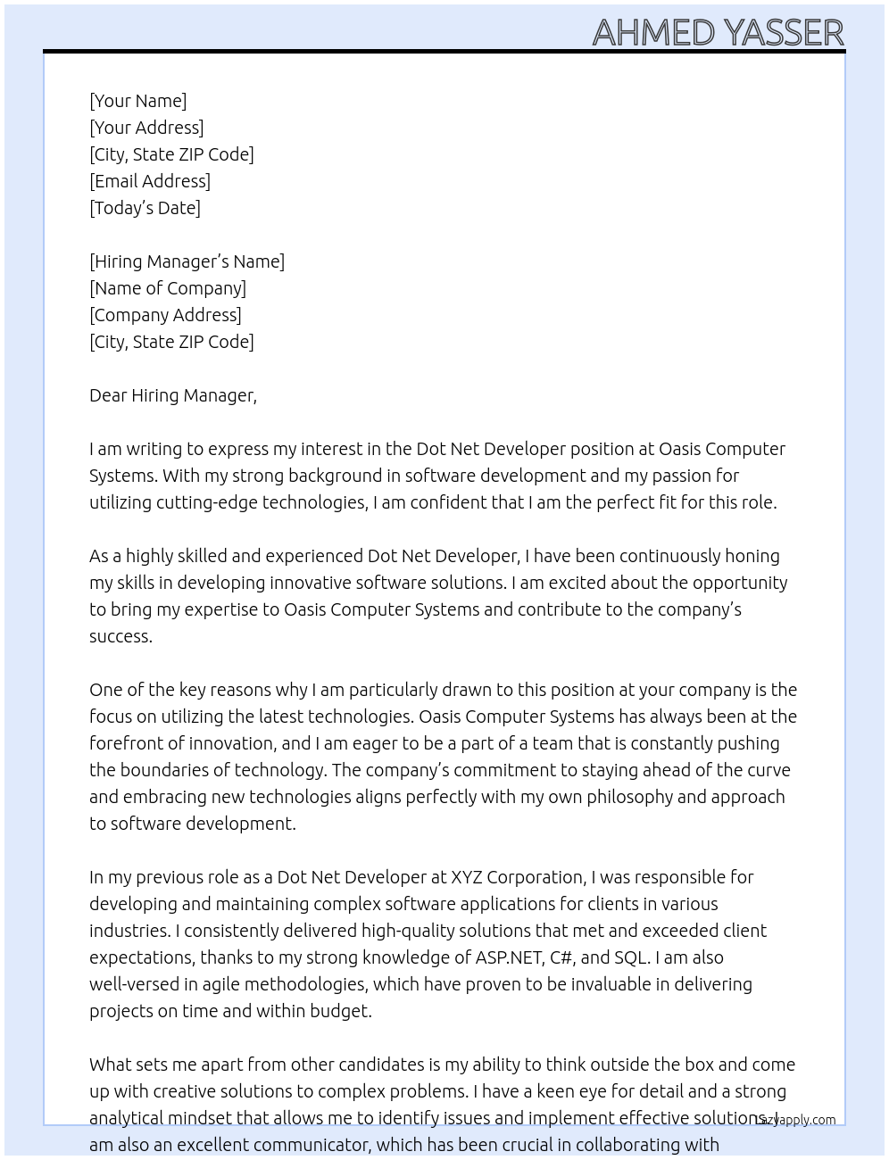 Dot Net Developer At Oasis Computer Systems Cover Letter