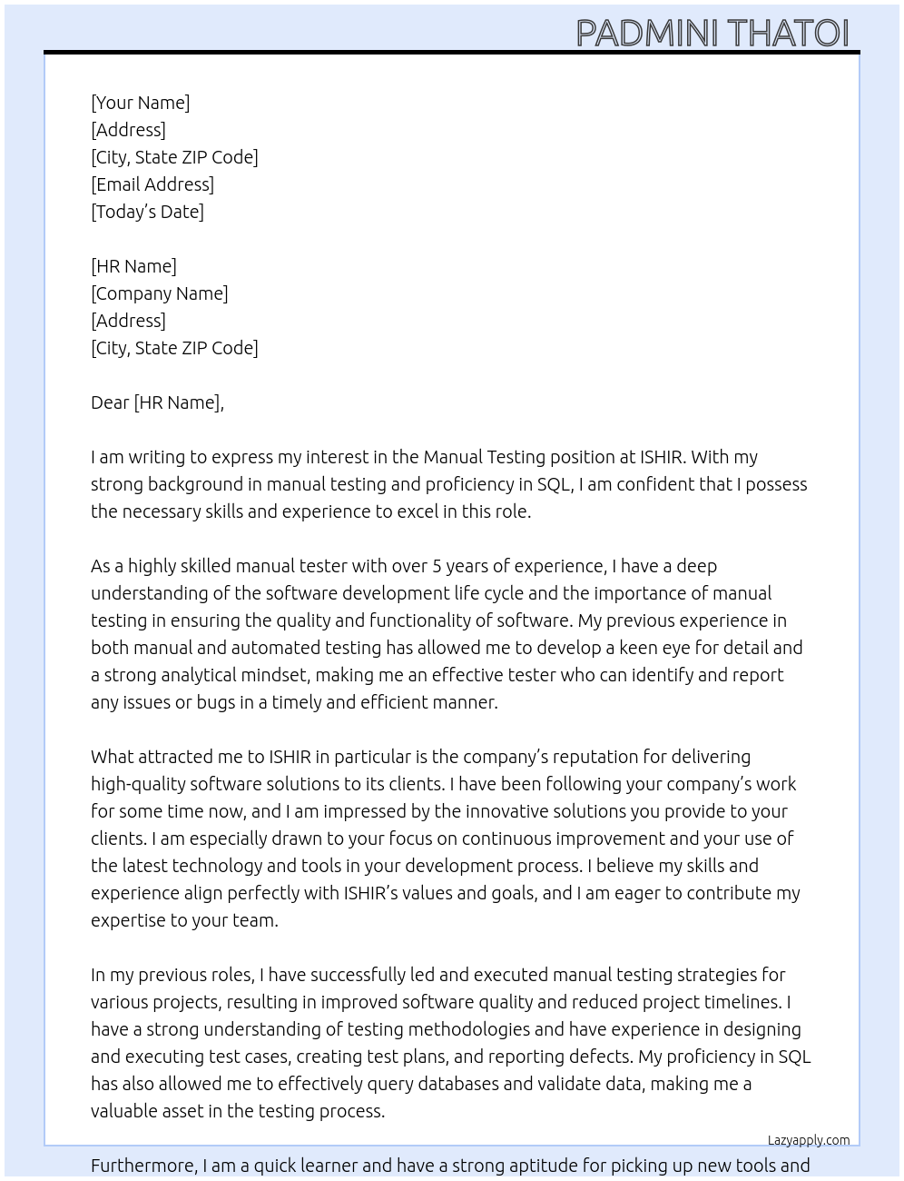 Manual Testing At ISHIR Cover Letter