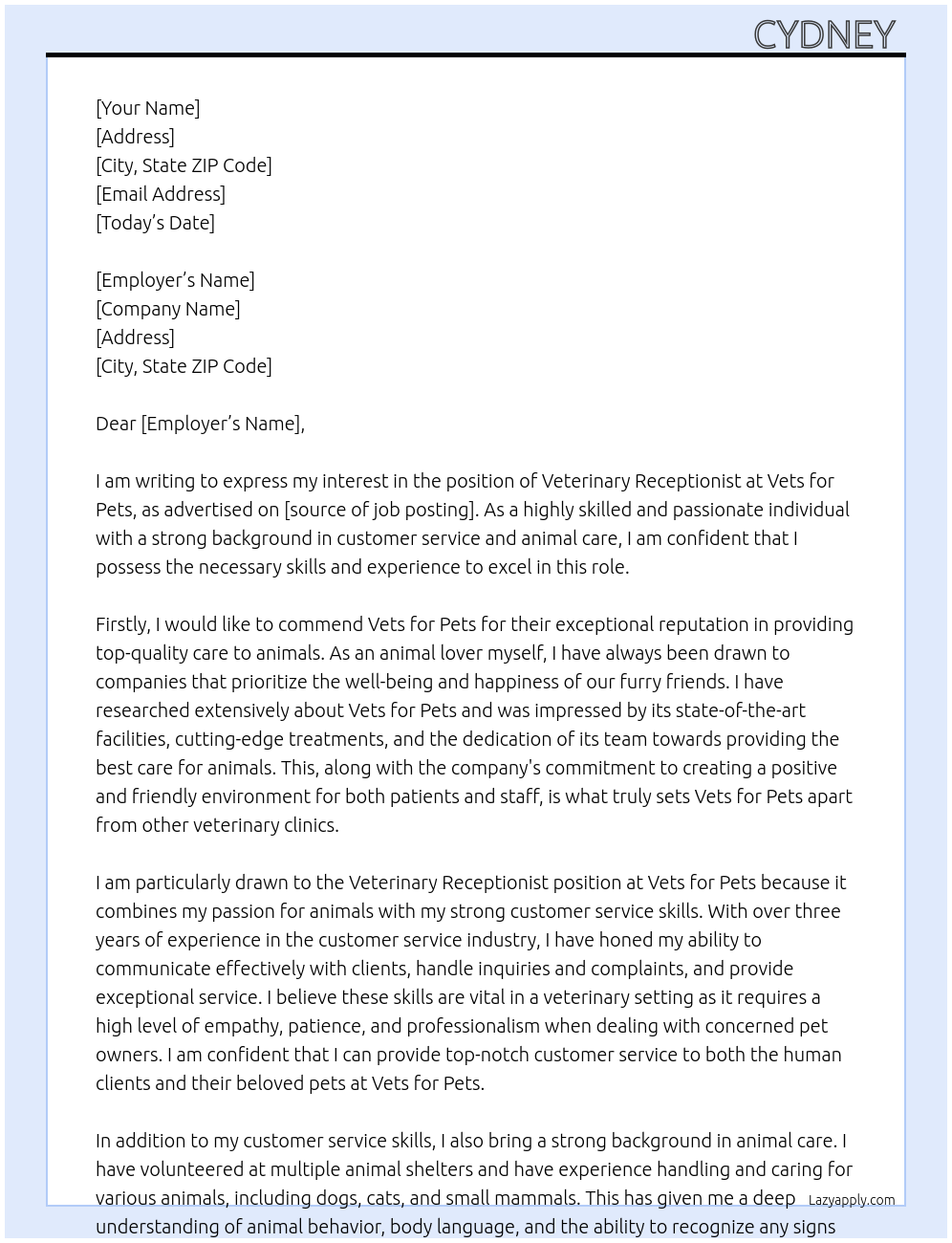 Veterinary Receptionist At Vets for Pets Cover Letter