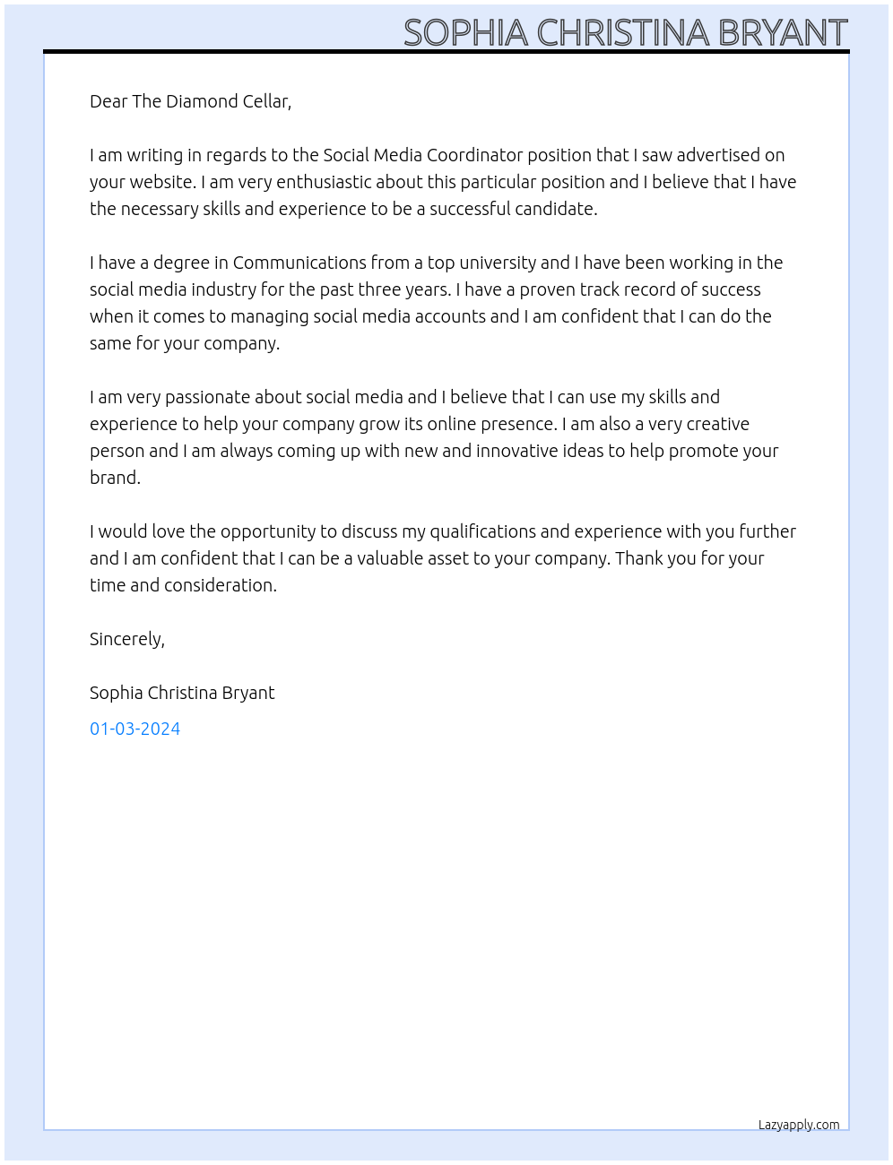 Social Media Coordinator  At The Diamond Cellar Cover Letter