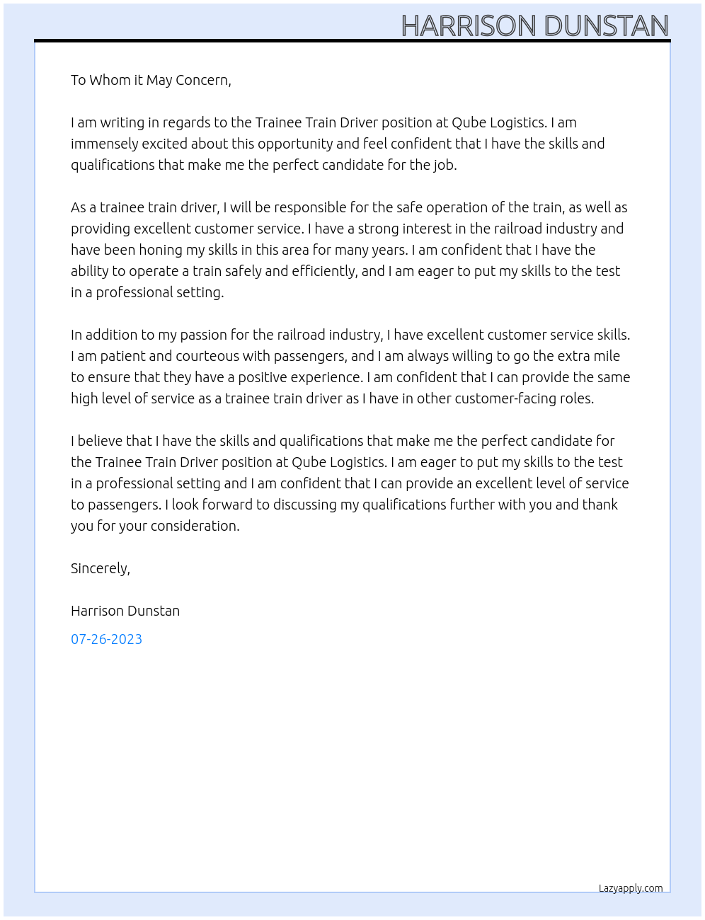 Trainee train driver At Qube Logisitcs Cover Letter