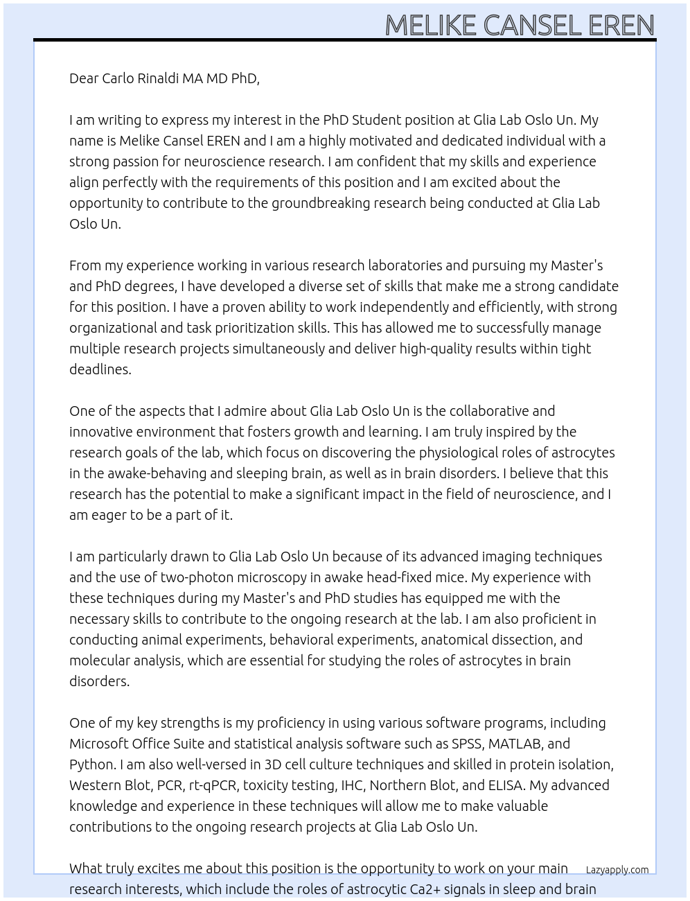 PhD Student At Glia Lab Oslo Un Cover Letter