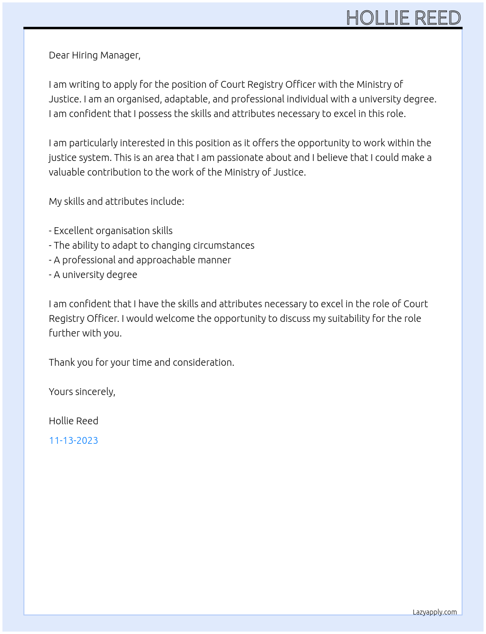 Court Registry Officer At Ministry of Justice Cover Letter