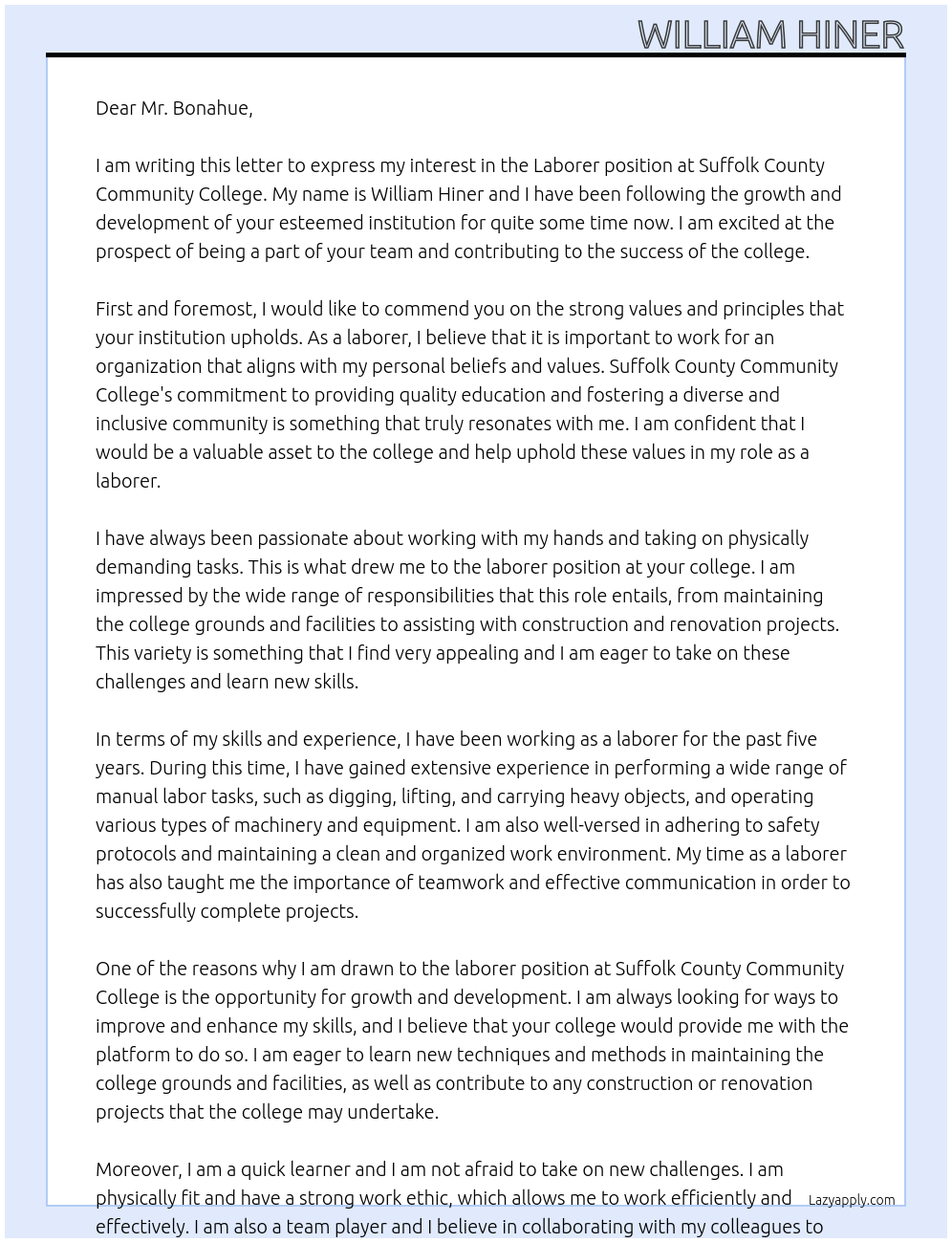 Laborer At Suffolk County Community College Cover Letter