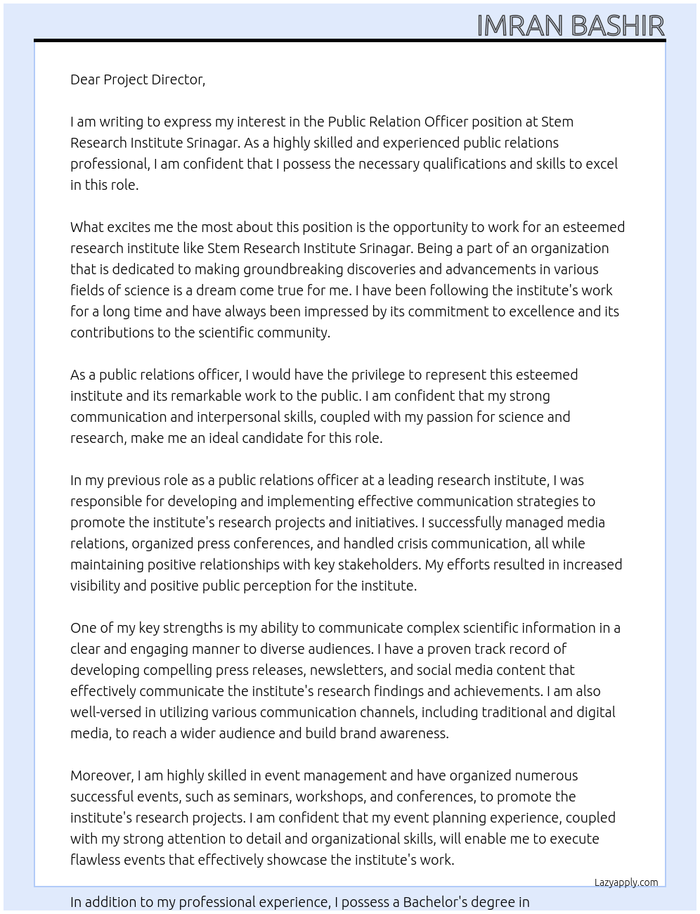 Public relation officer At Stem Research Institute Srinagar Cover Letter