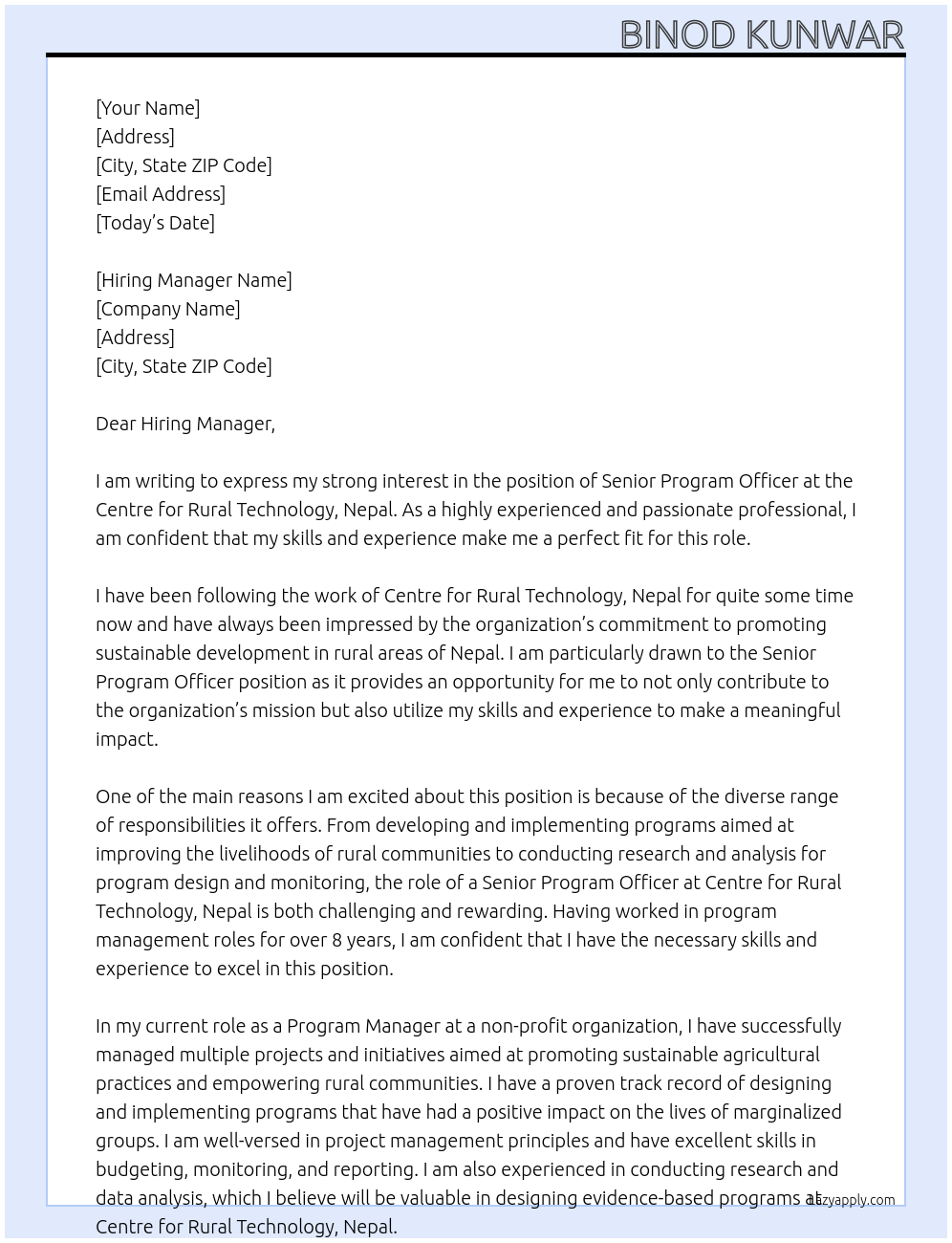 Senior Program Officer  At Centre for Rural Technology, Nepal Cover Letter