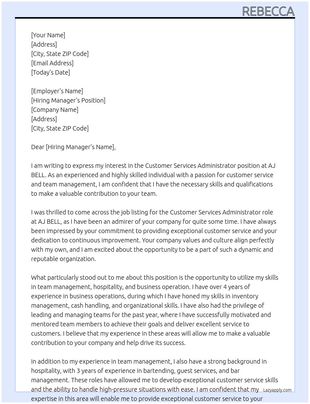 customer services administrator  At AJ BELL Cover Letter