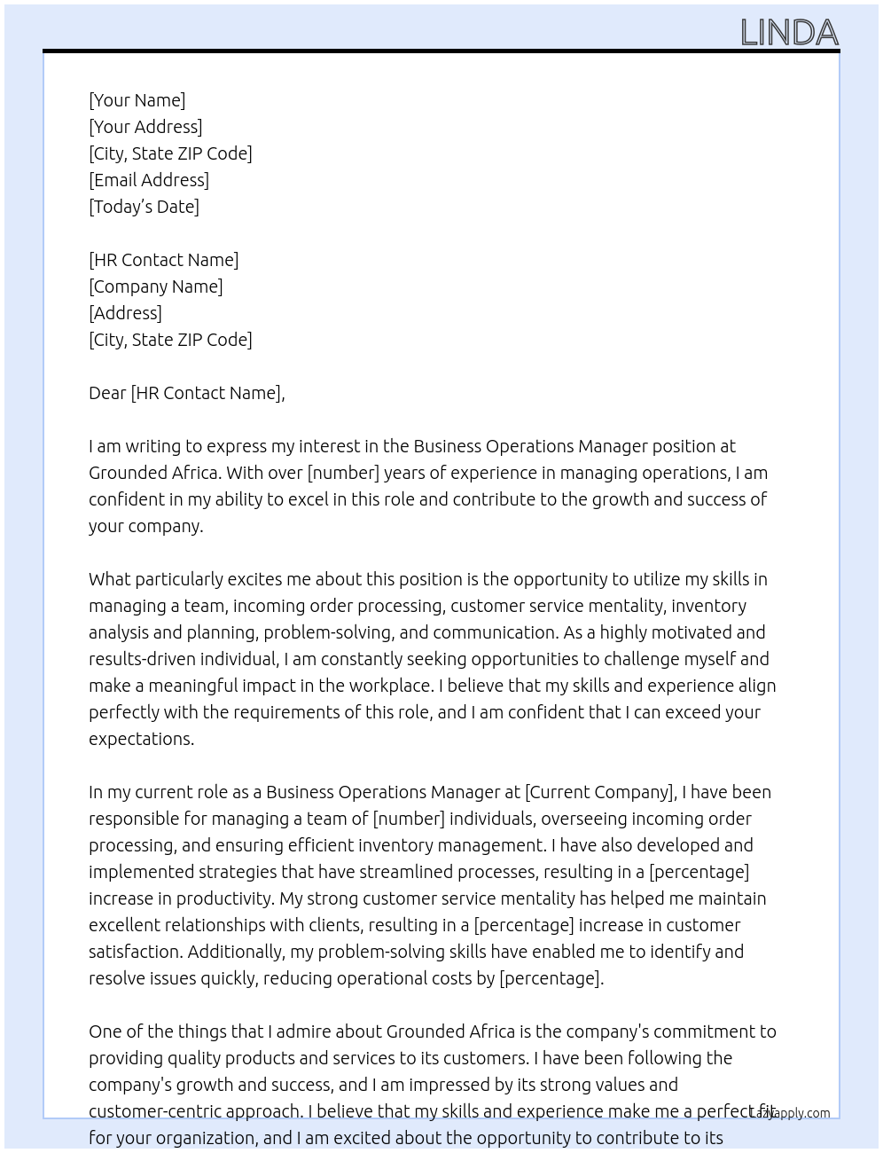 business operations manager At Grounded africa Cover Letter
