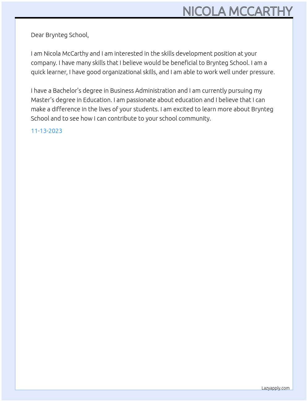Skills development At Brynteg School Cover Letter