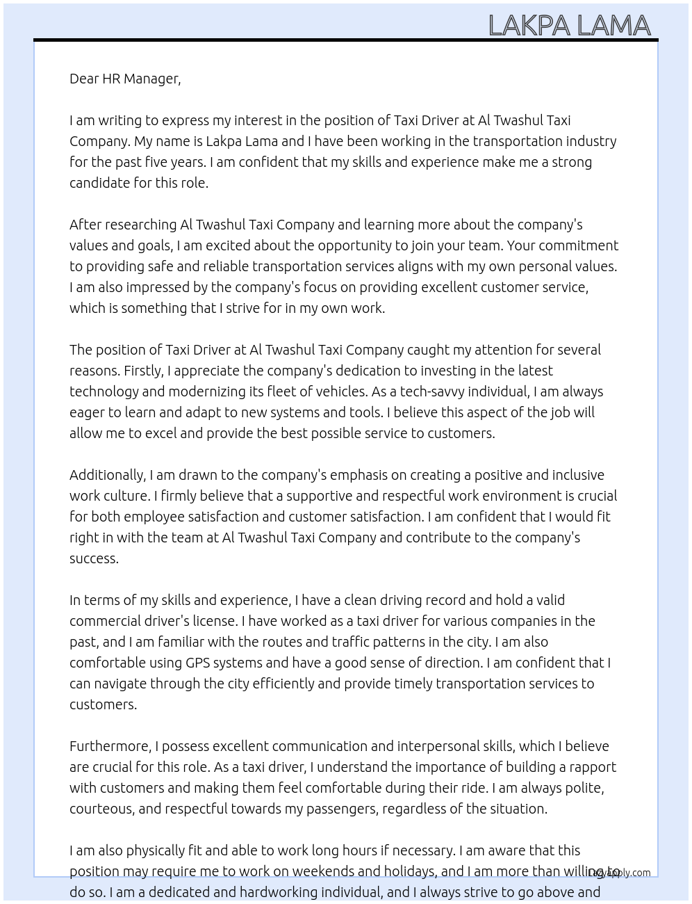 Taxi driver  At Al twashul taxi company  Cover Letter