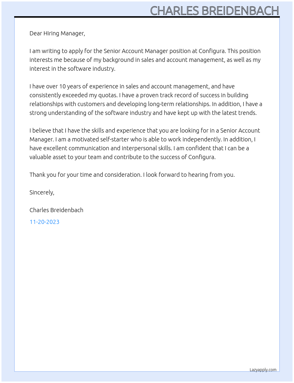 Senior Account Manager At Configura Cover Letter