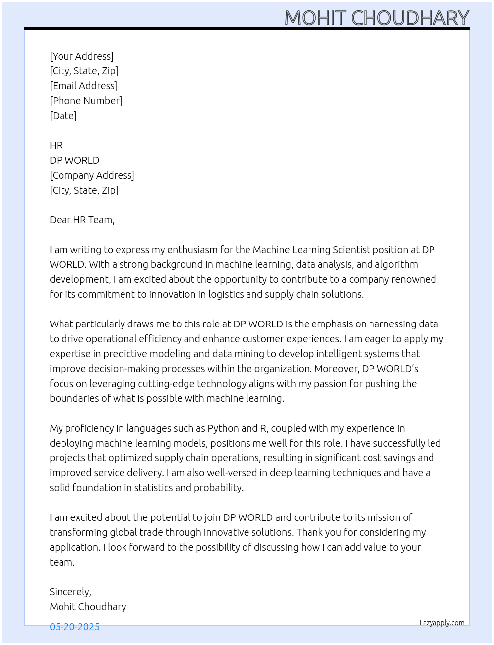 Machine Learning  Scientist At DP WORLD Cover Letter