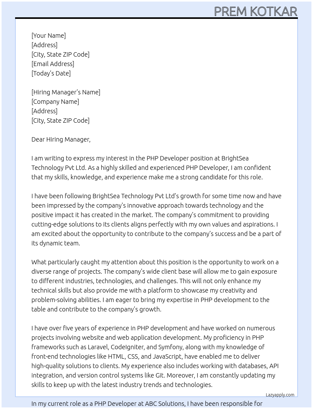 PHP Developer At BrightSea Technology Pvt Ltd Cover Letter