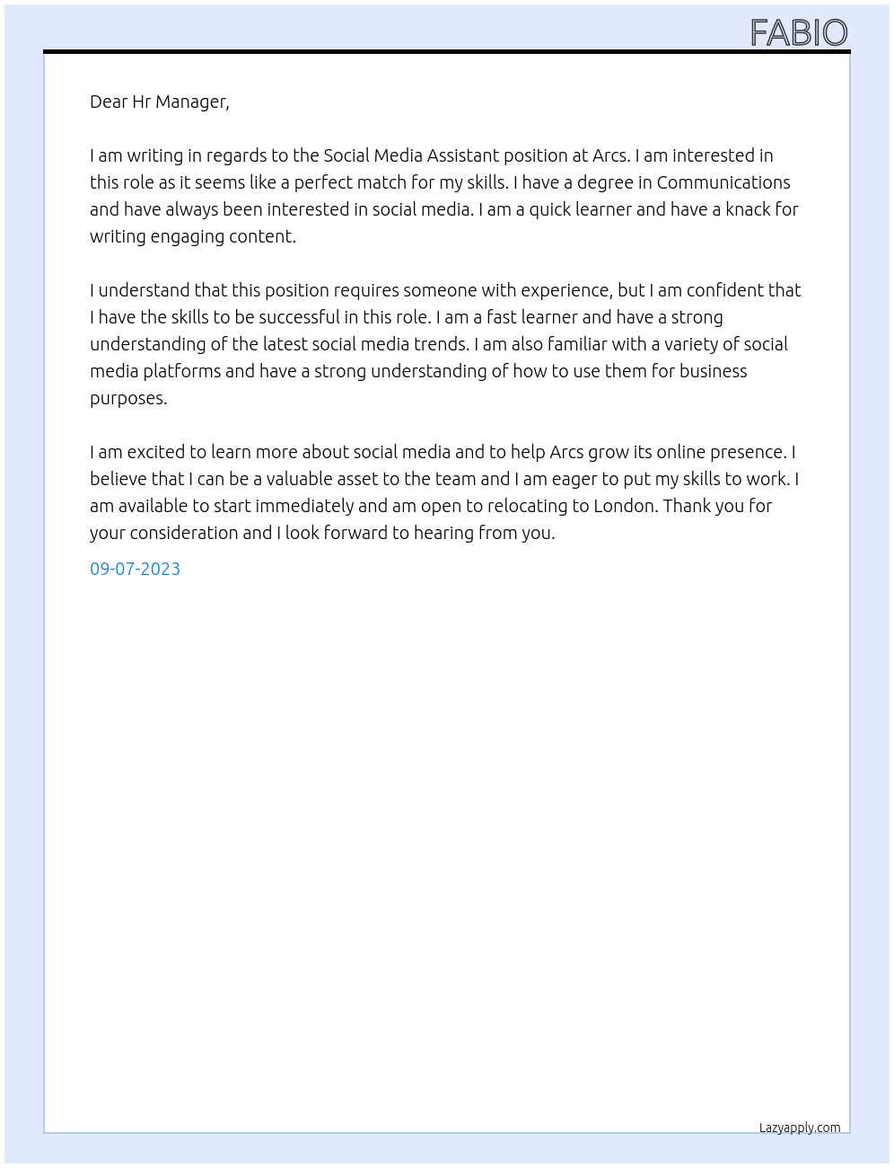 Social media assistant At Arcs Cover Letter