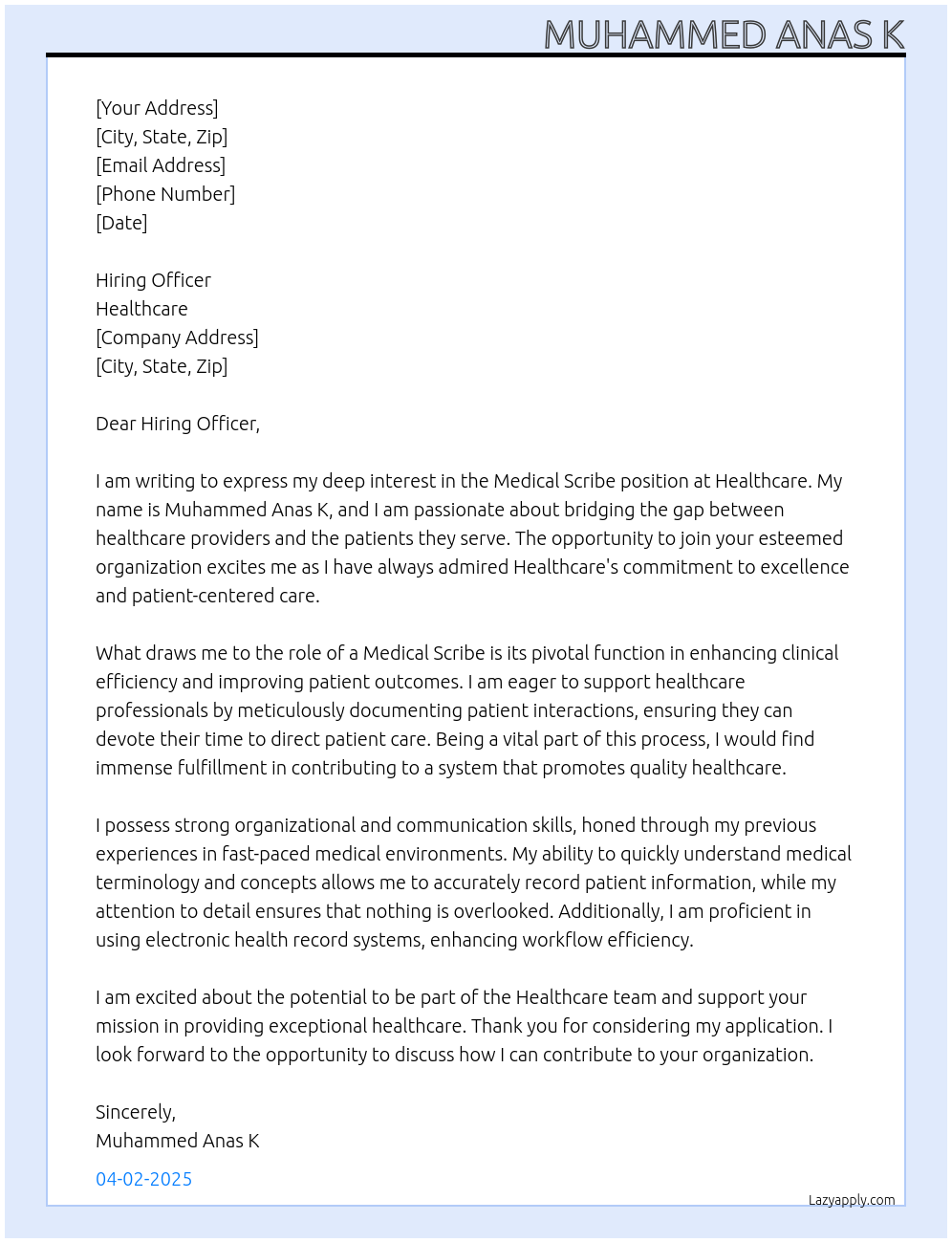 Medical Scribe At Healthcare Cover Letter