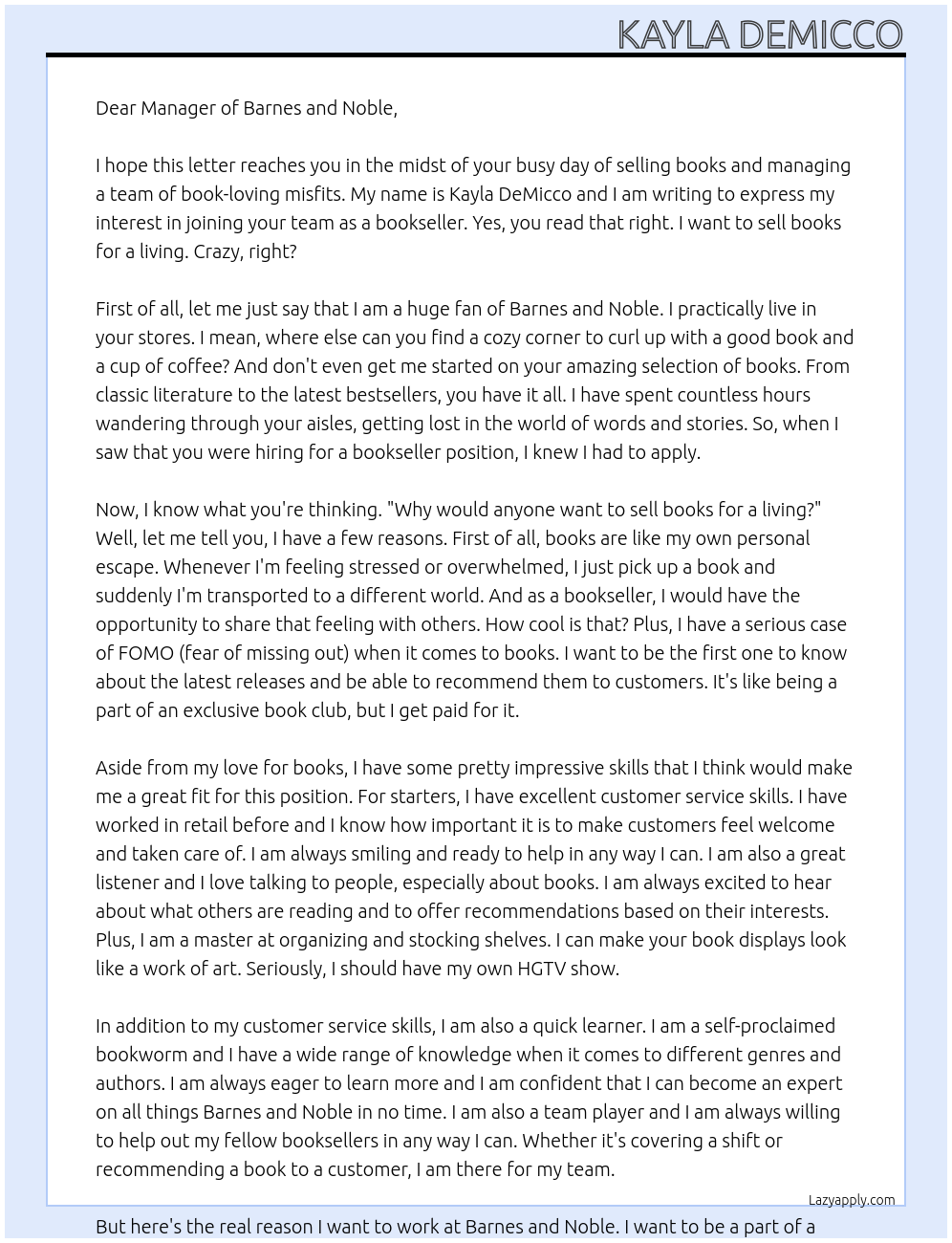 Bookseller At Barnes and noble Cover Letter