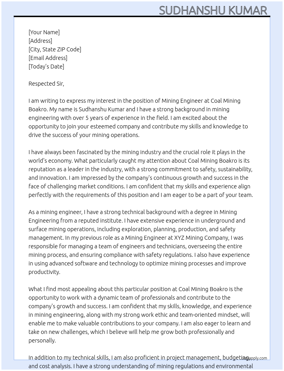 Cover letter for mining engineer - LazyApply