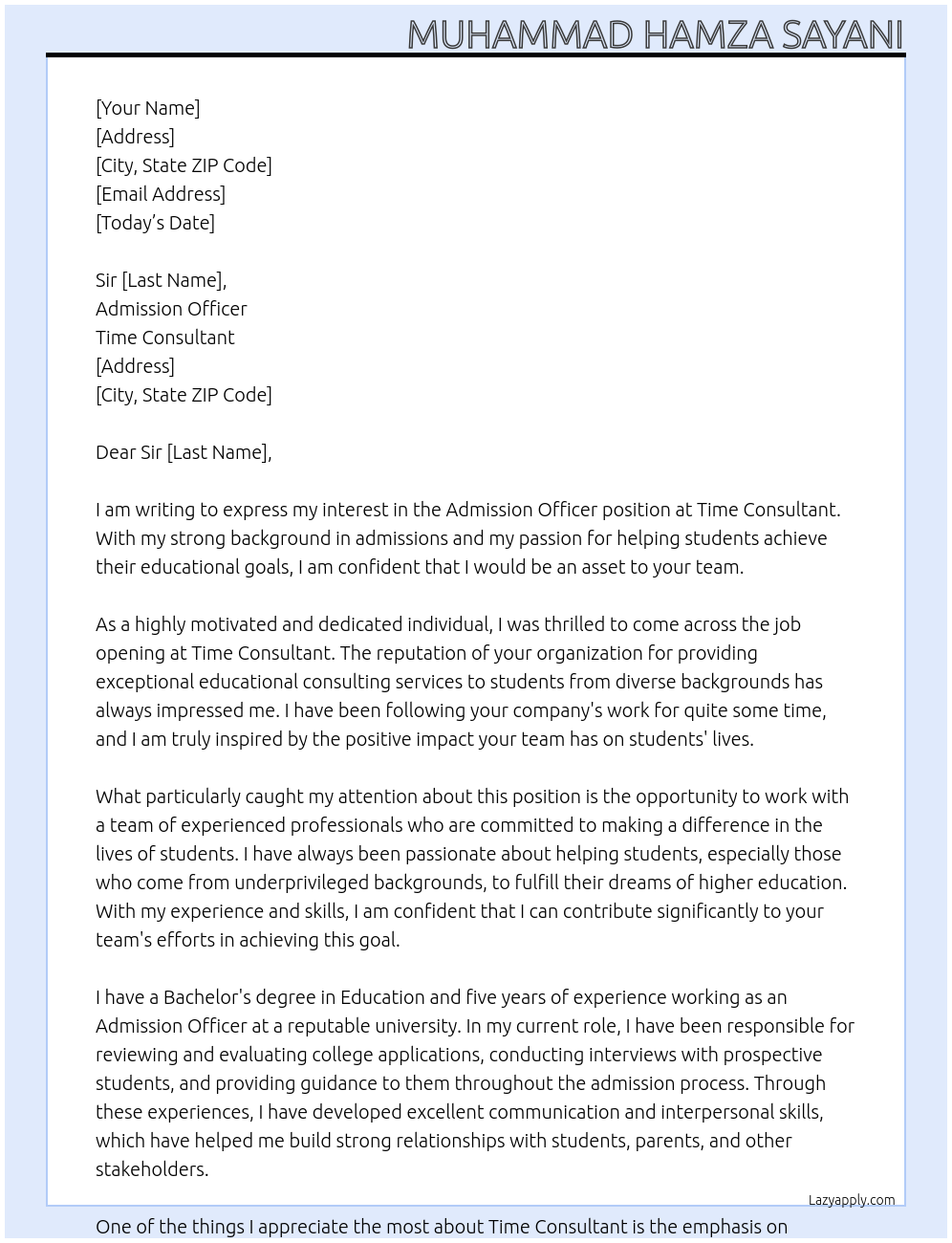 Admission Officer At Time Consultant Cover Letter