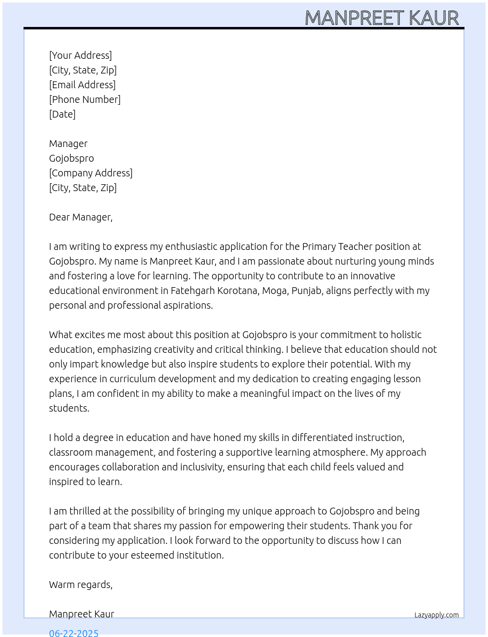 Primary teacher At Gojobspro Cover Letter