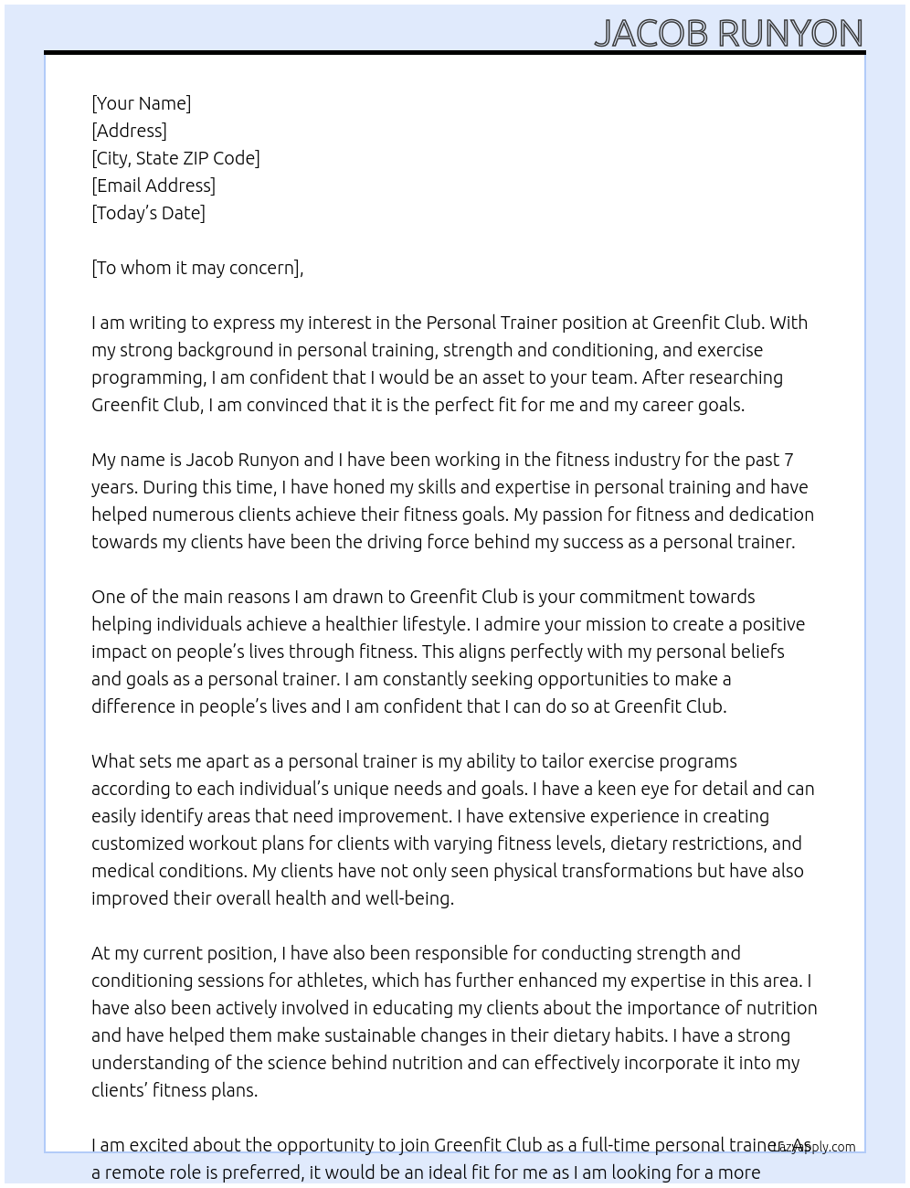 Personal Trainer At Greenfit Club Cover Letter