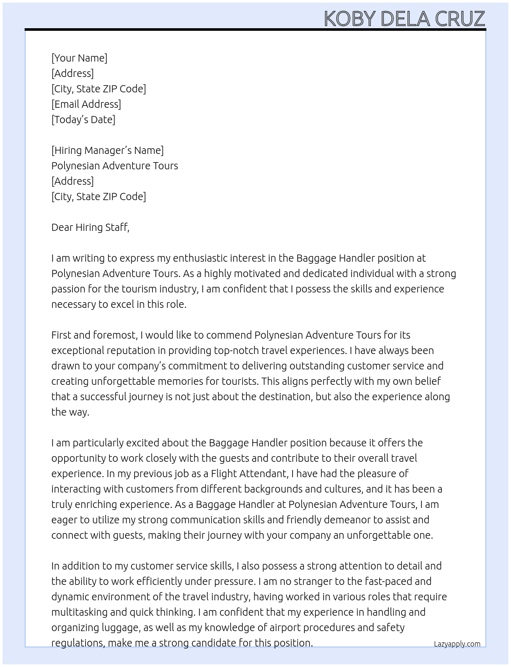Baggage Handler At Polynesian Adventure Tours Cover Letter