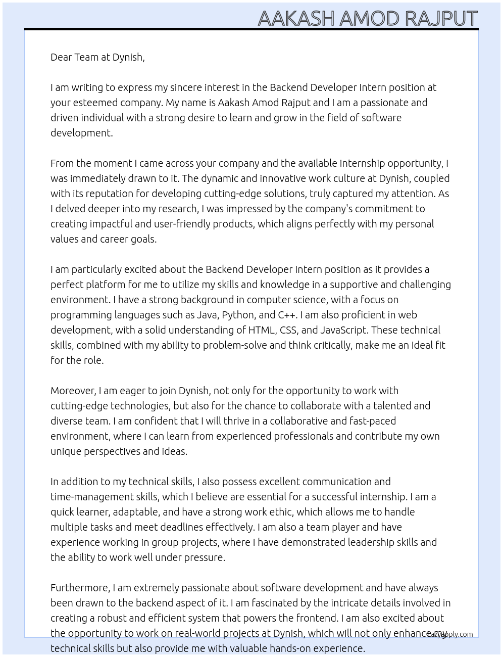 Backend Developer Intern At Dynish Cover Letter