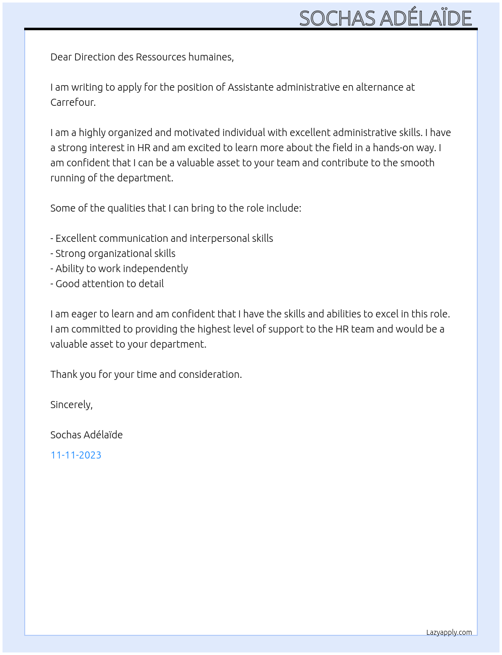 Assistante administrative en alternance At Carrefour Cover Letter