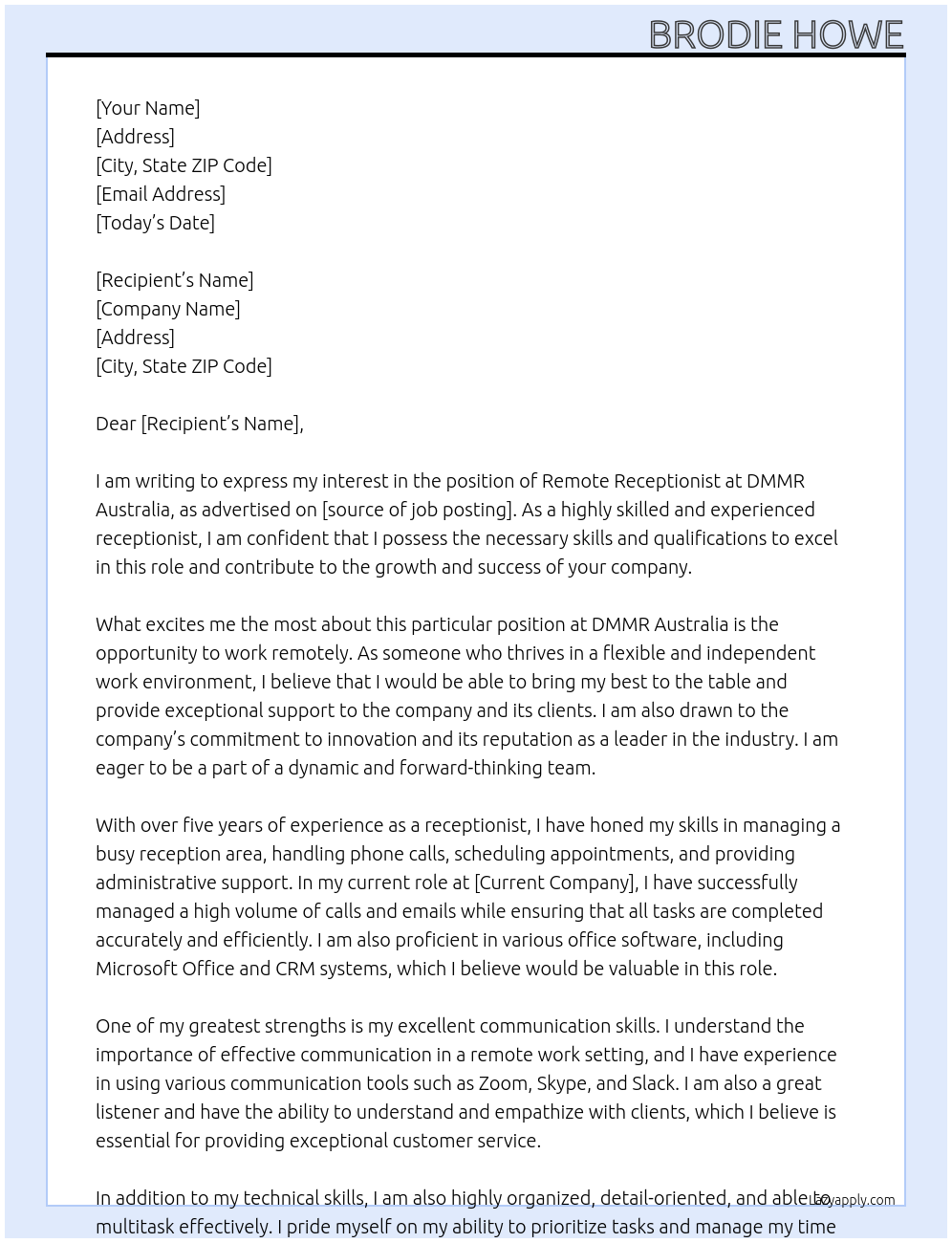 Remote Receptionist At DMMR Australia Cover Letter