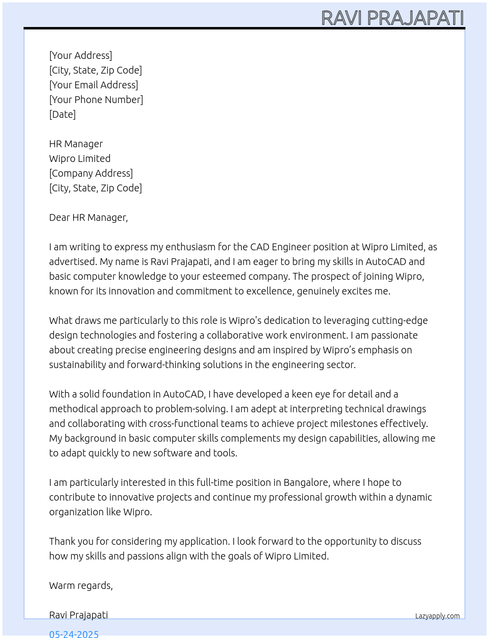 CAD Engineer  At Wipro Limited Cover Letter