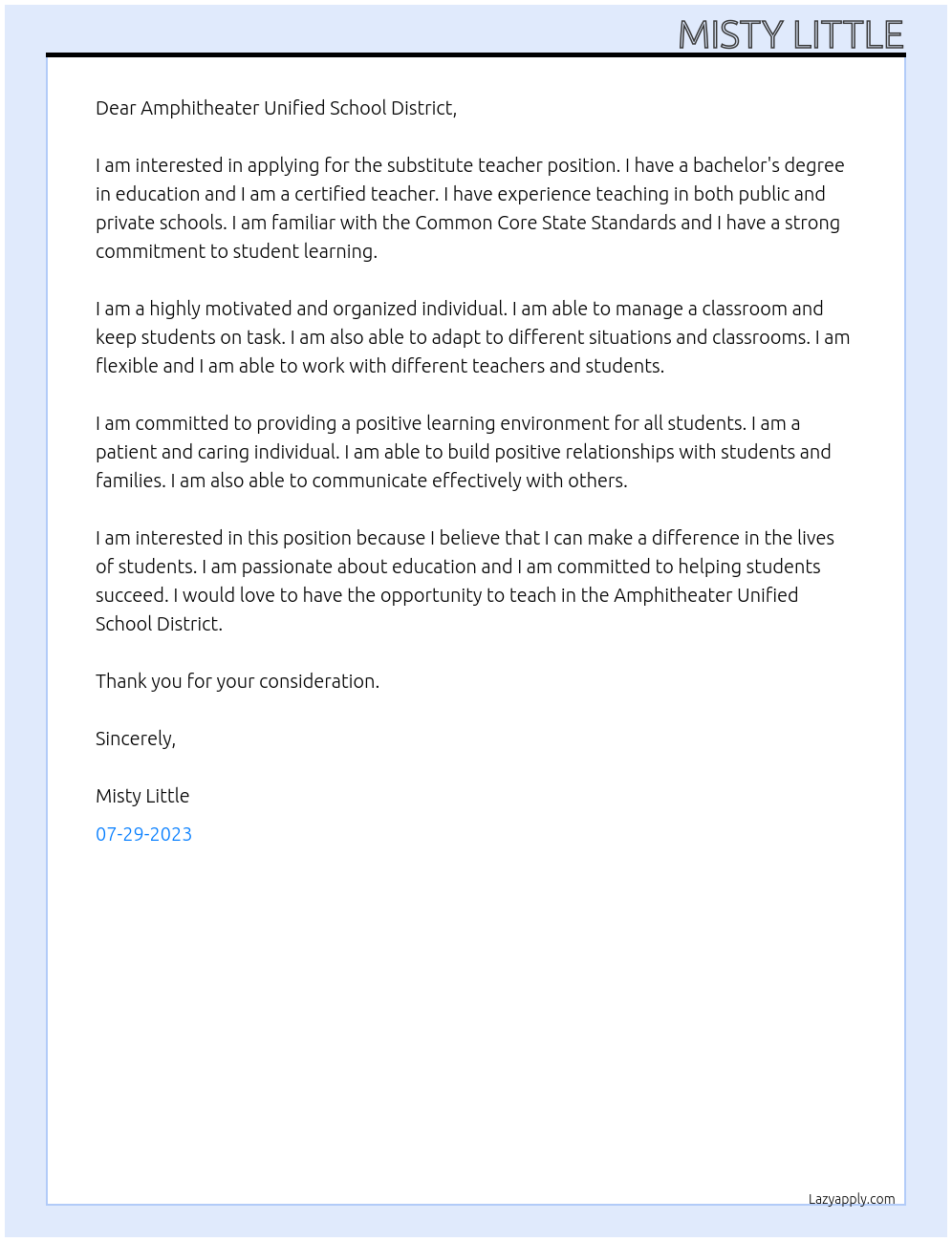 Substitute Teacher At Amphitheater Unified School District Cover Letter