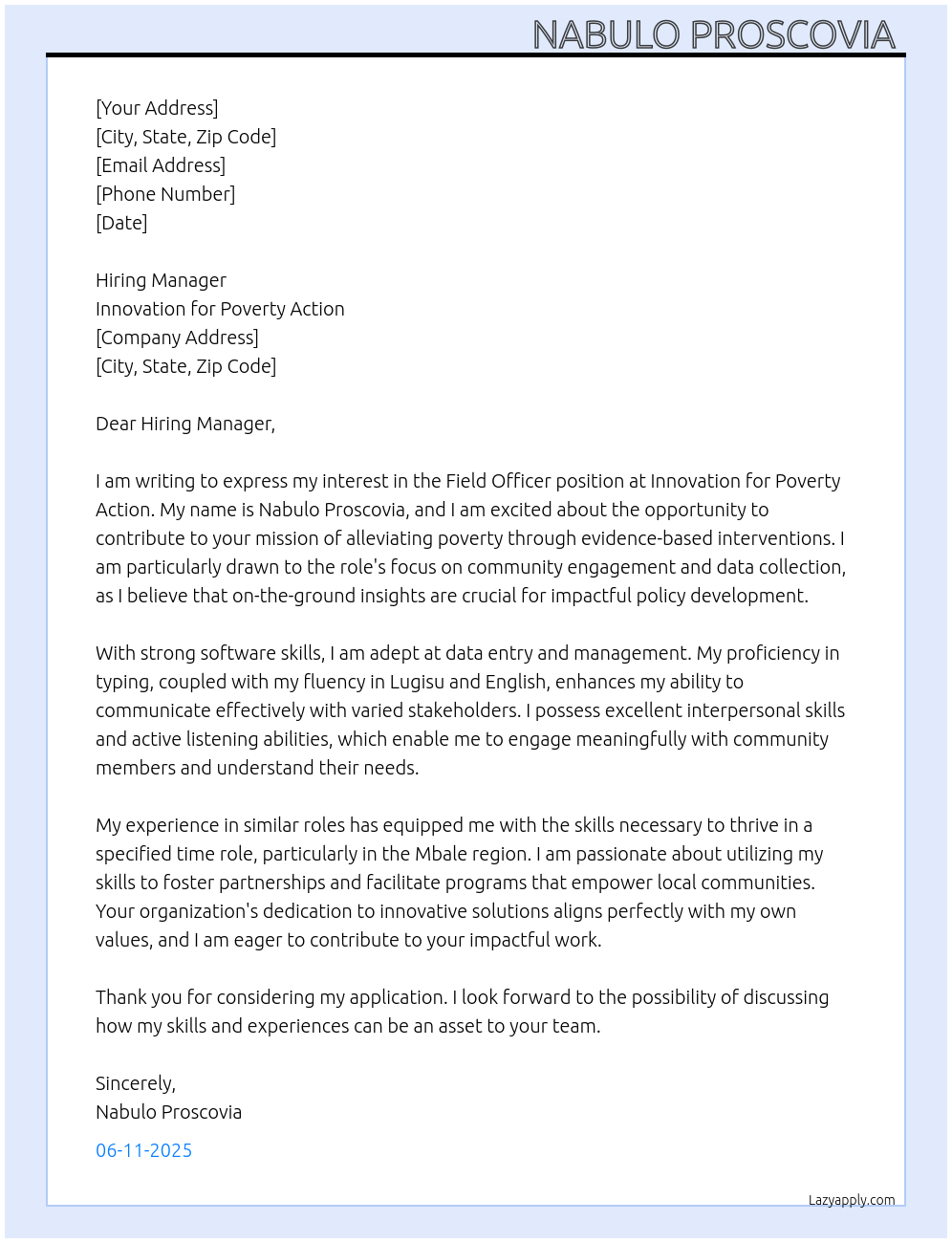 Field officer At Innovation for poverty action Cover Letter