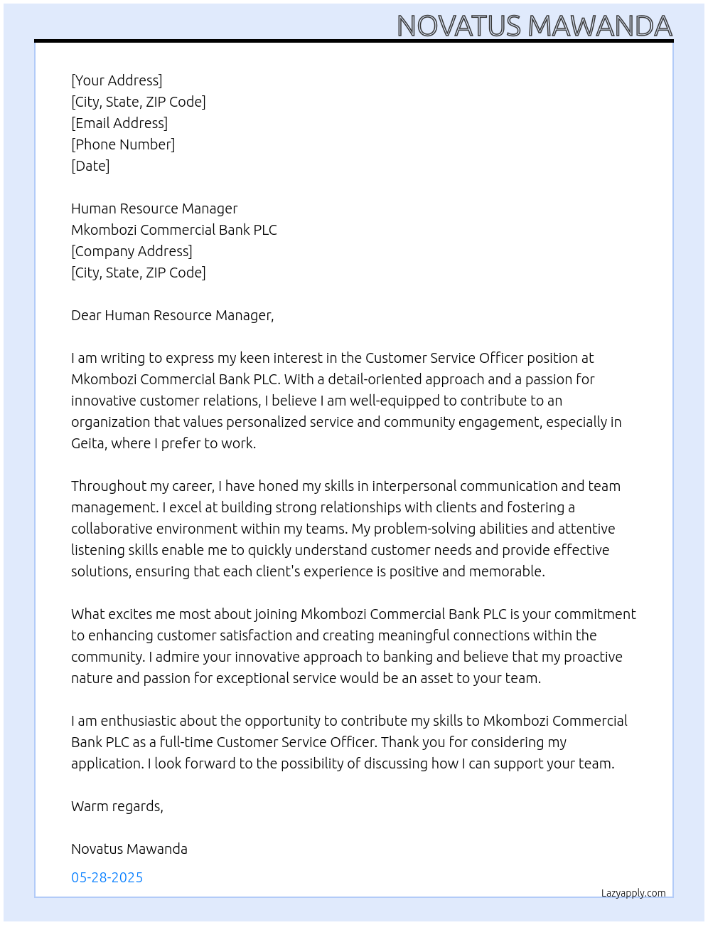 Customer service officer At MKOMBOZI COMMERCIAL BANK PLC Cover Letter