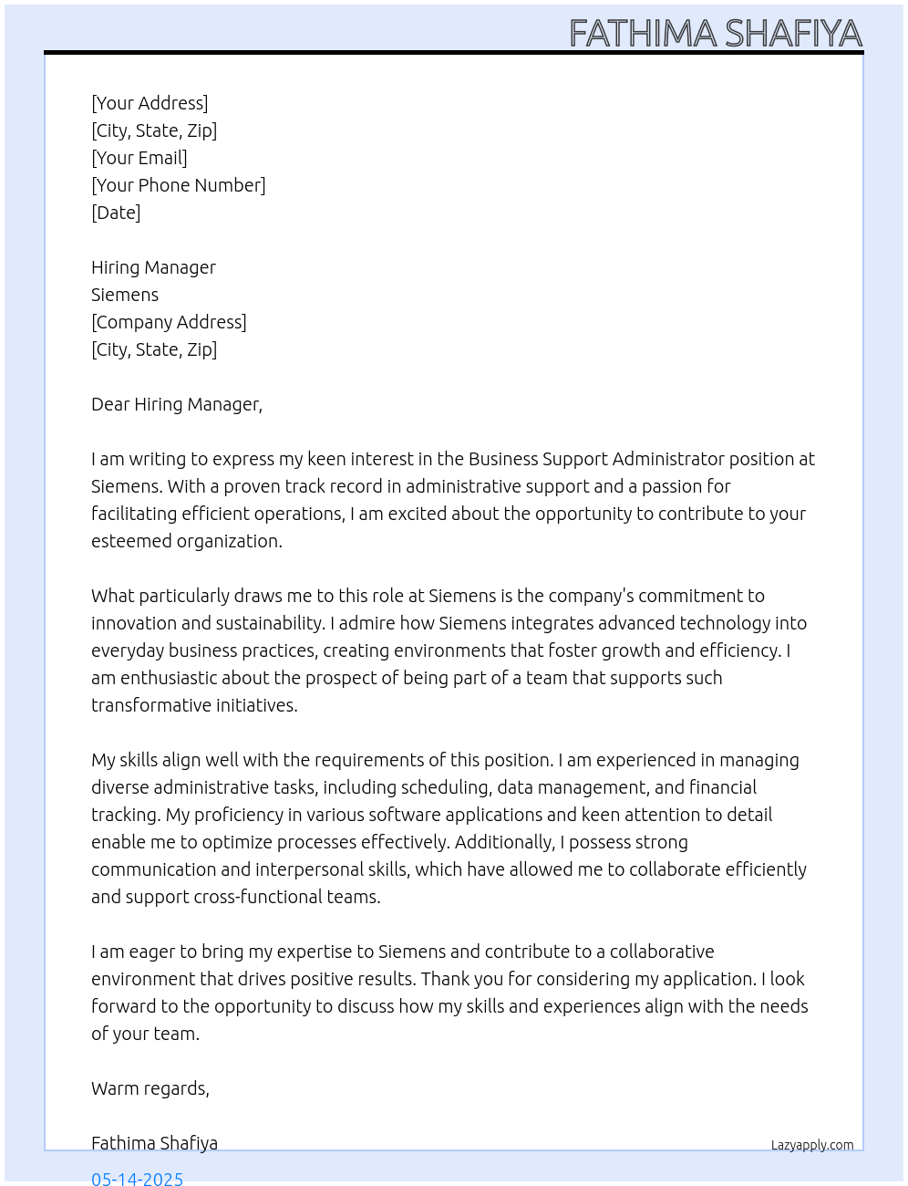 Business Support Administrator At Siemens Cover Letter