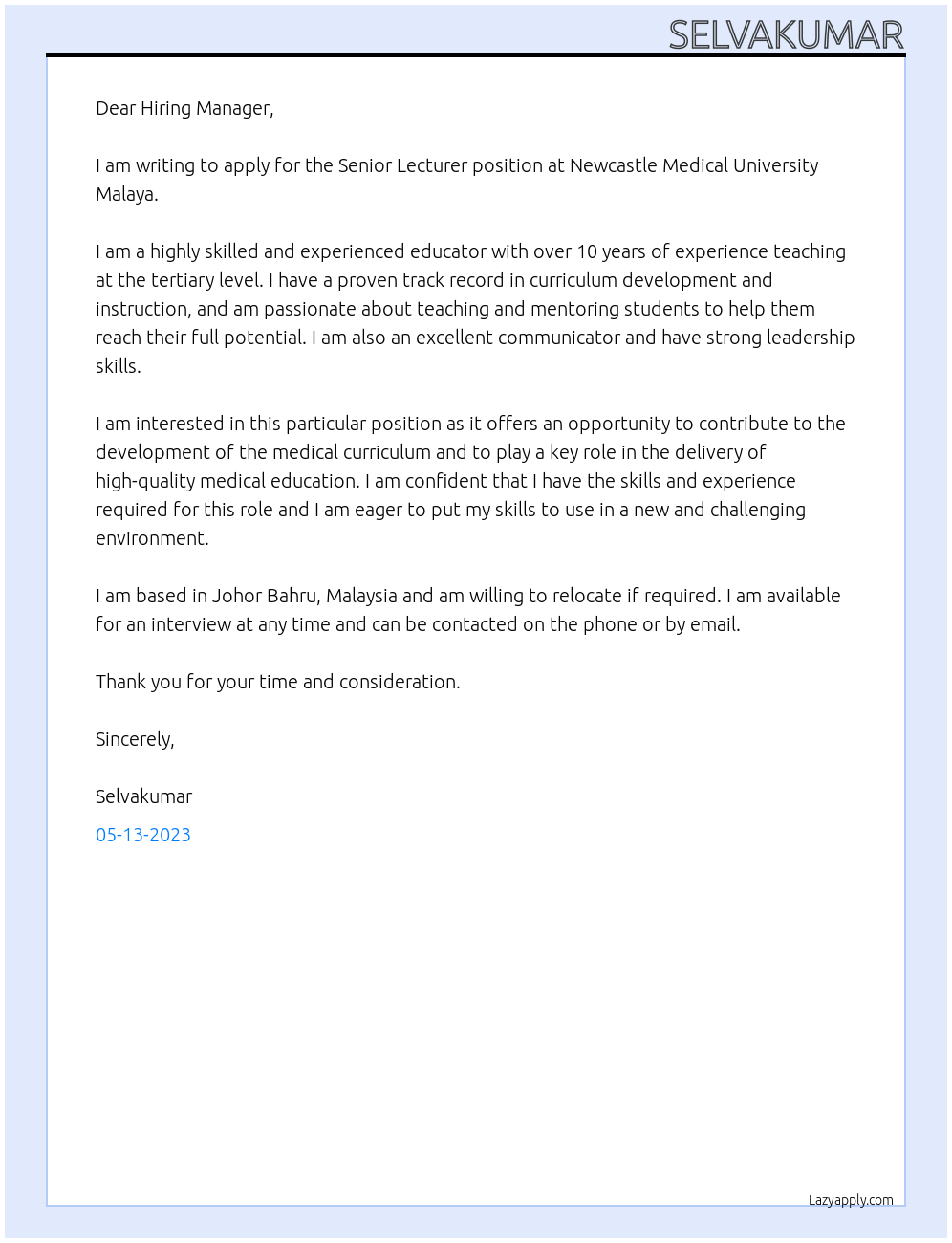 Senior lecturer At Newcastle Medical University Malaya Cover Letter